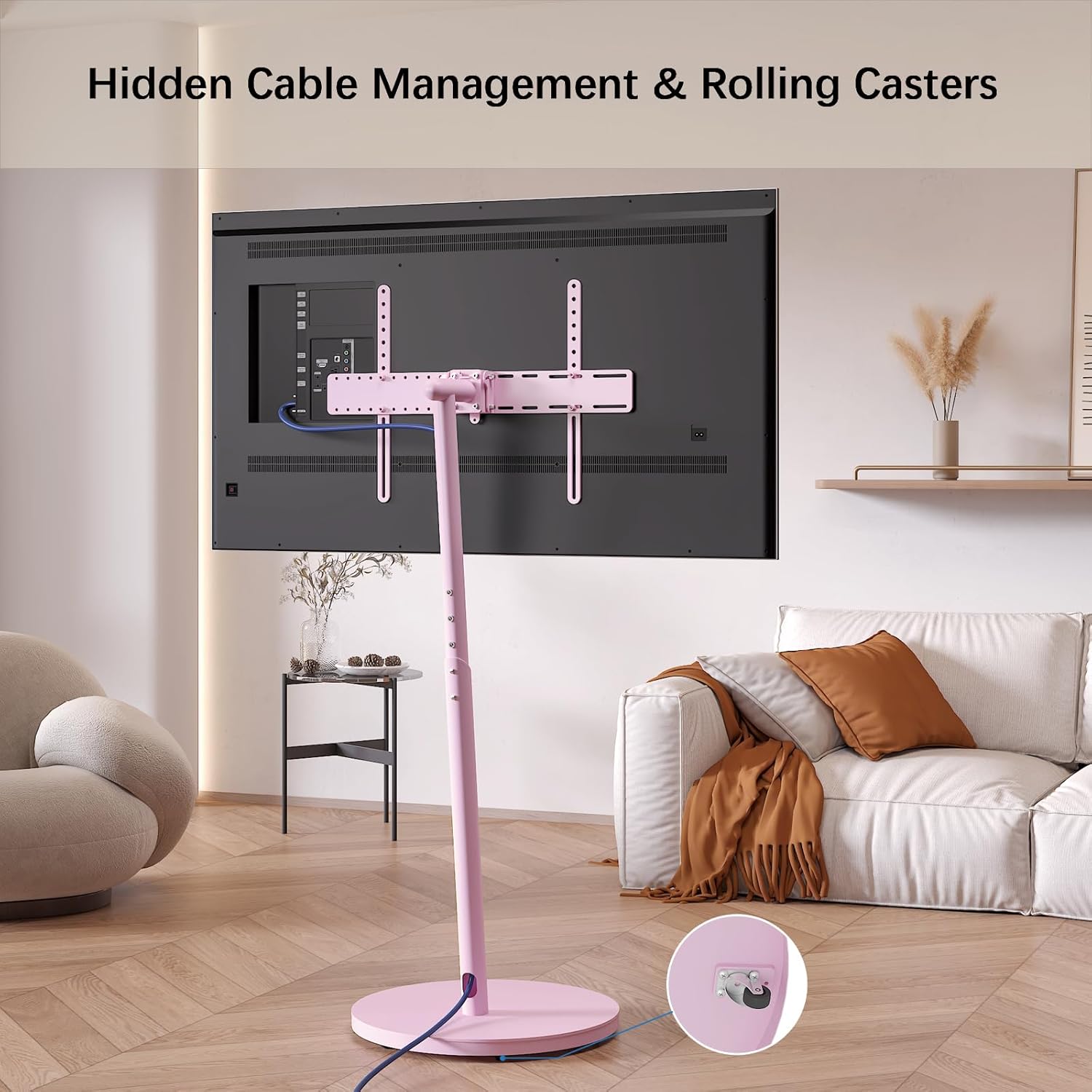 Pink Rolling TV Stand for 32 to 43 55 65 75 Inch TVs, Portable Mobile TV Cart on Wheels, Corner TV Floor Stand with Rotating, Height Adjustable, Small TV Stand for Bedroom, Living Room