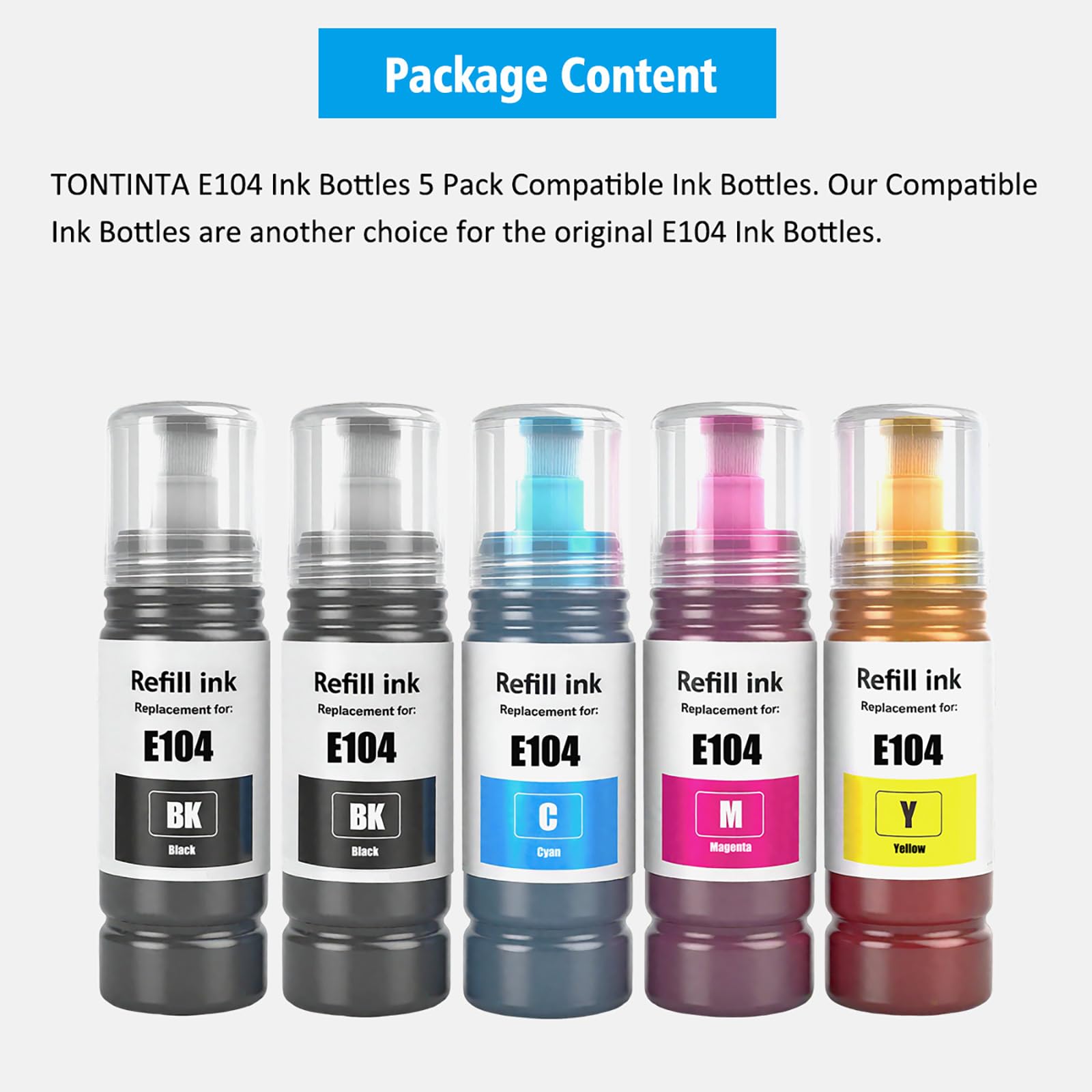 E104 Bottiglie di Inchiostro Compatibili Multipack per Stampanti ET-2710 2711 2712 2714 2715 2720 2721 2726 ET-2810 2811 2812 2814 2815 2820 2821 ET-4800 (5-Pack, 2 Nero, 1 Ciano/Magenta/Giallo)