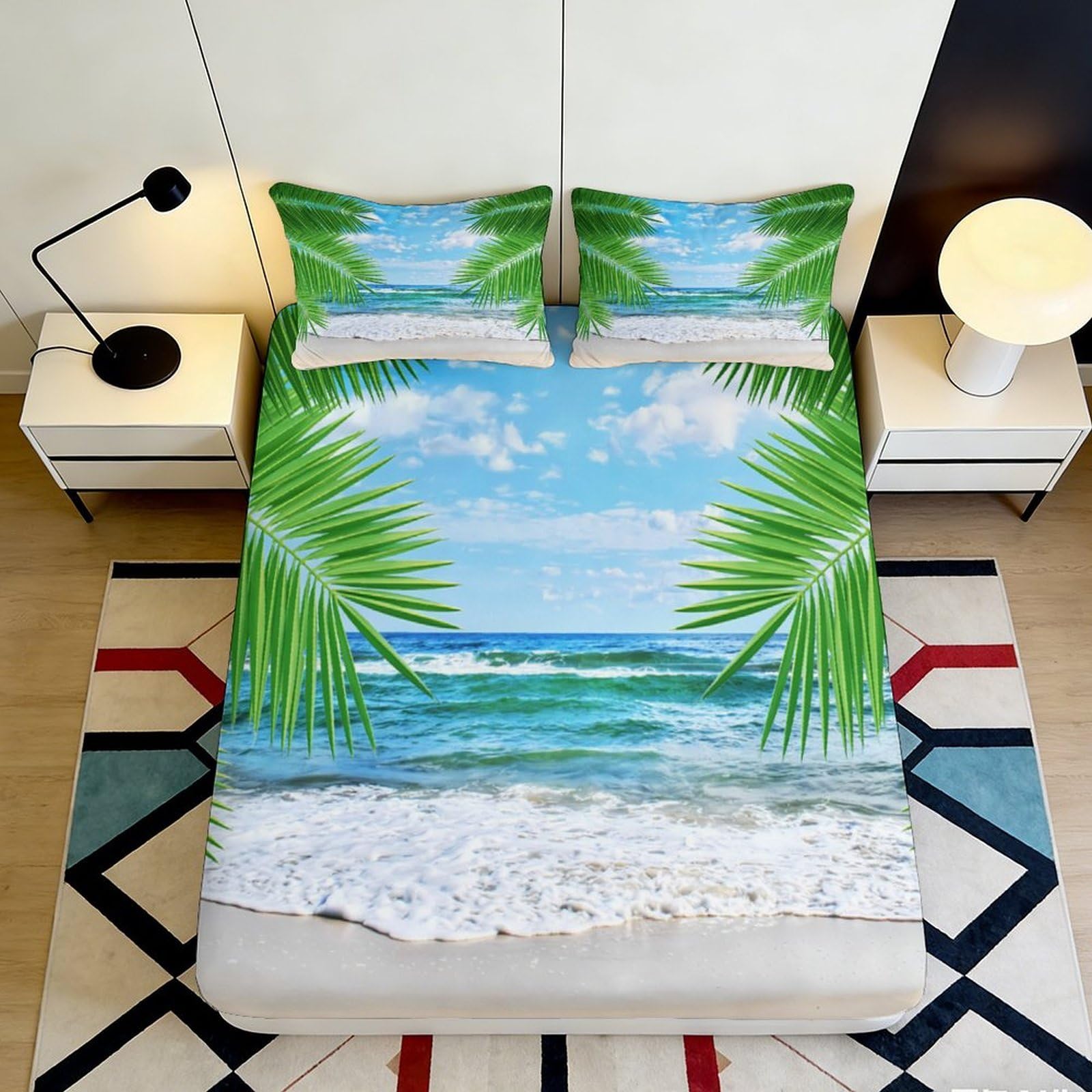 Pnayamiorkfel Style-4 3D Printed Ocean Beach Fitted Sheet Microfiber Soft Palm Leaf Mattress Cover Bedroom Guest Room Decor 90X200x25cm