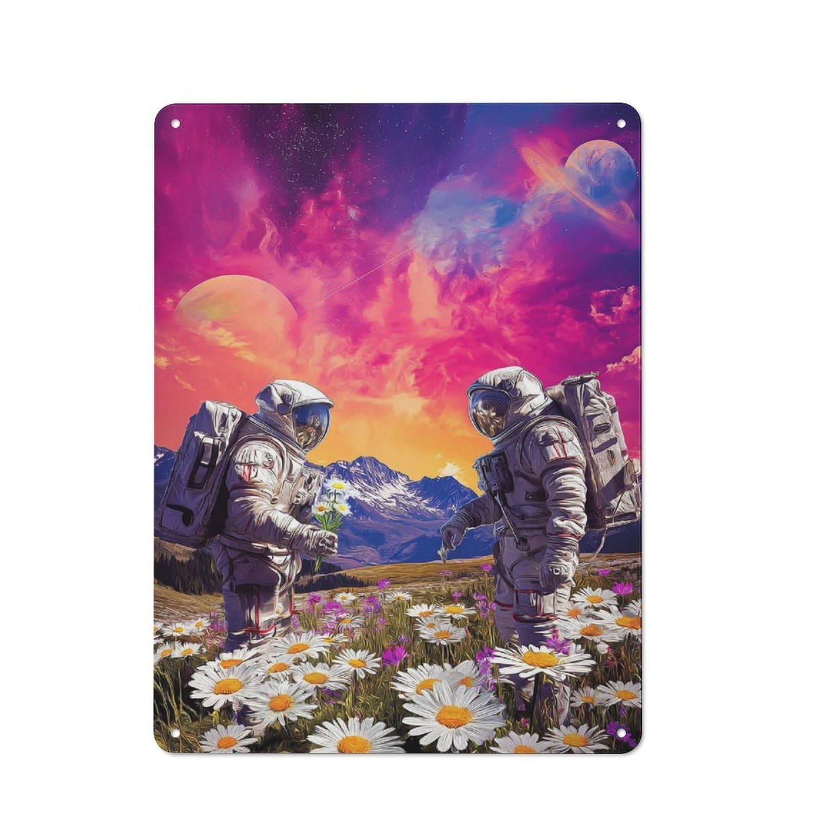 Junmoney Astronauts In A Field Of Flowers -2 Metal Wall Sign 40X30cm Featuring For Bar Or Restaurant, For Themed Interiors In Bars And Restaurants