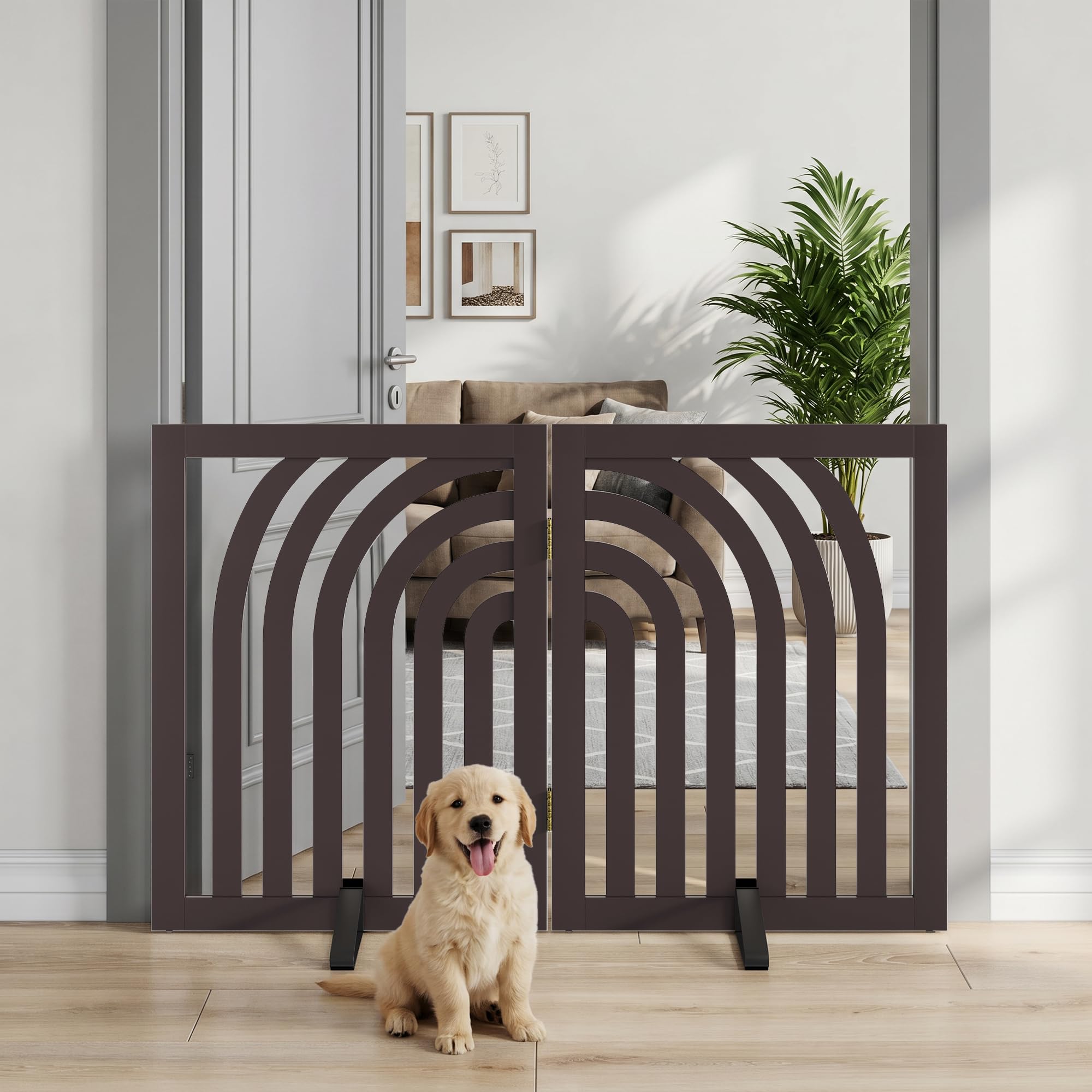 Dog Gate, Curve Freestanding Dog Gates for Doorways 2 Panels (brown)