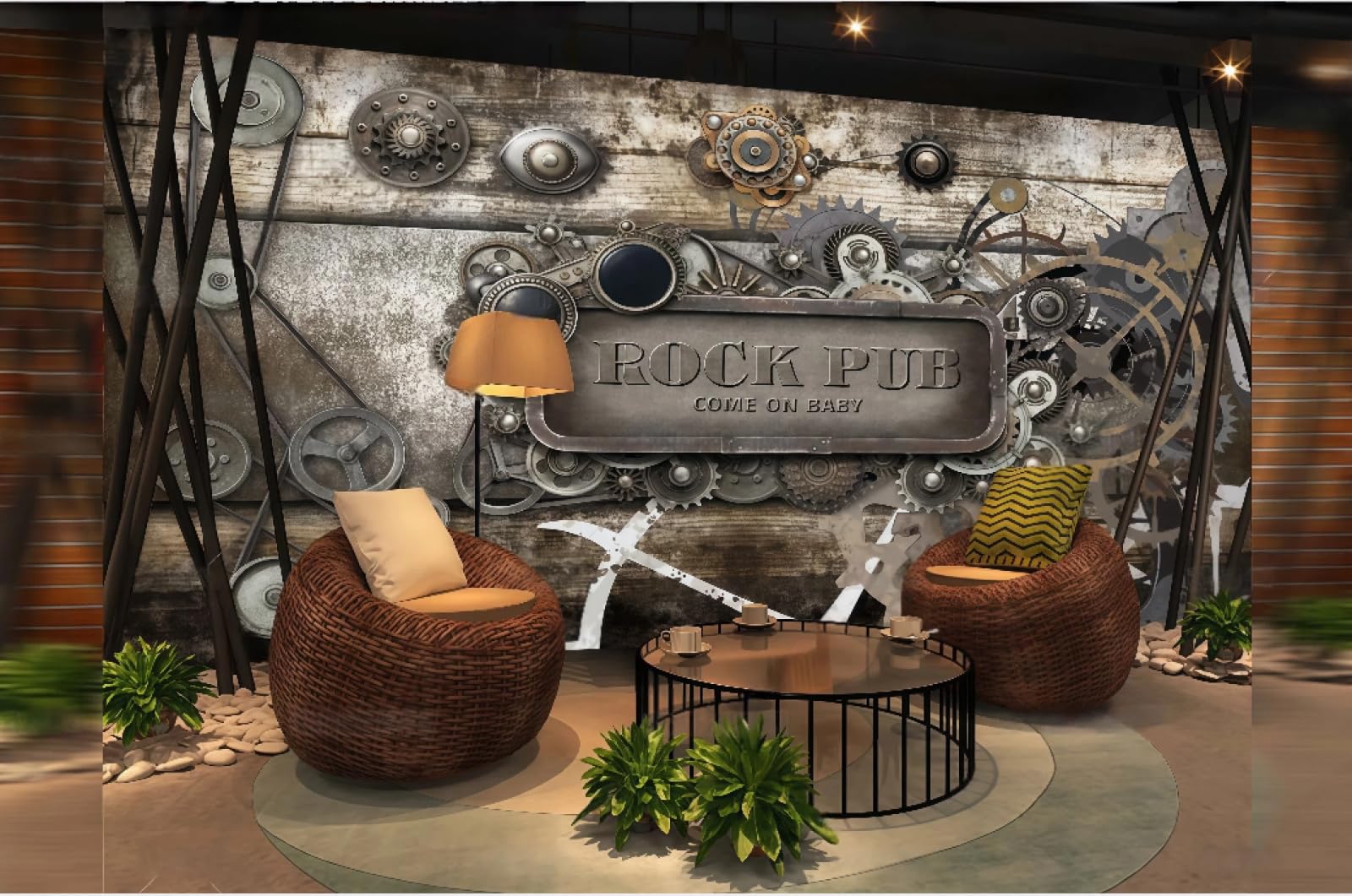 rskjdghshd Wallpaper Retro Wooden Board Three-Dimensional Metal Gear Music Bar Afternoon Tea Burger Shop Background Wall Western Restaurant Wallpaper Cafe Mural,3D,250x175cm