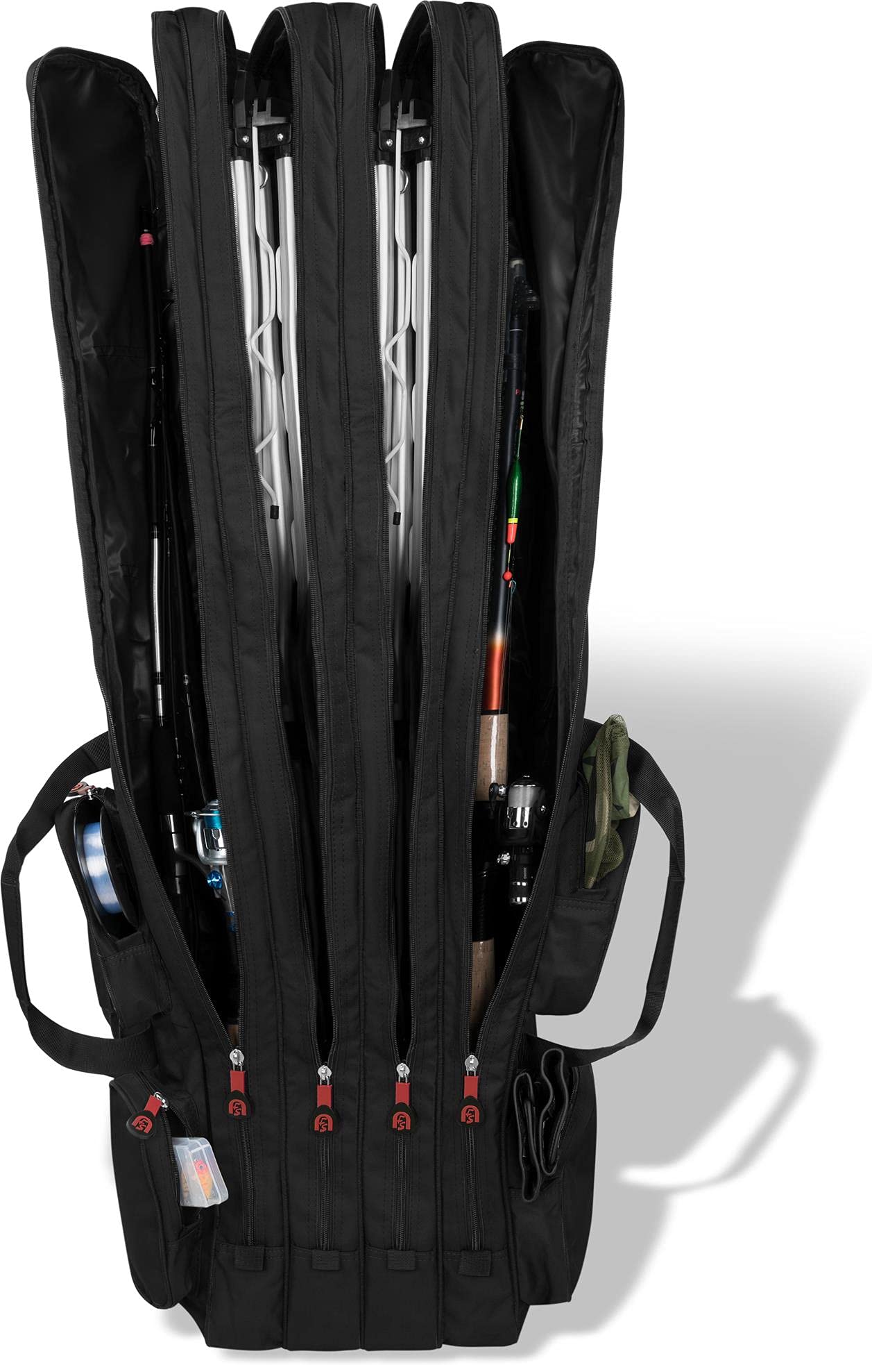 normani Rutentasche Rod Case Angelkoffer Futteral mit 2, 3 oder 4 Ruten-Fächern, Verschiedene Längen wählbar - stark wasserabweisender Fishing Rucksack Schwarz 4 Innenfächer 150 cm