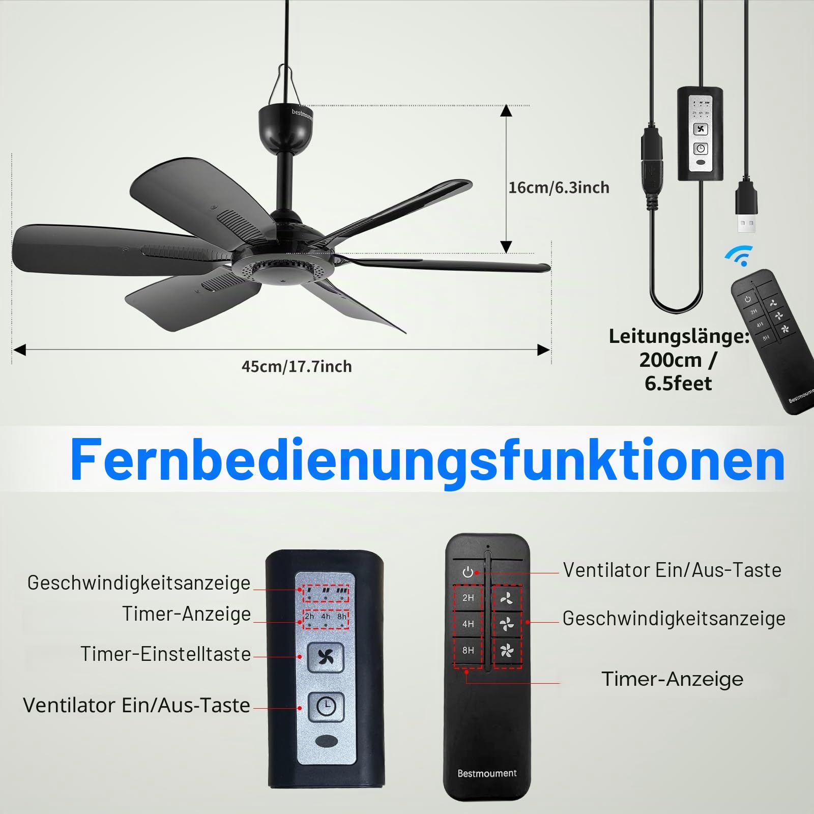 45 cm Tragbarer Deckenventilator mit Fernbedienung und Timer, 3 Geschwindigkeiten, USB-Anschluss, 5V DC-Betrieb, 6 Flügel, für Innen/Außen, Wohnmobil, Camping, Zelt, Vordach, Pavillon