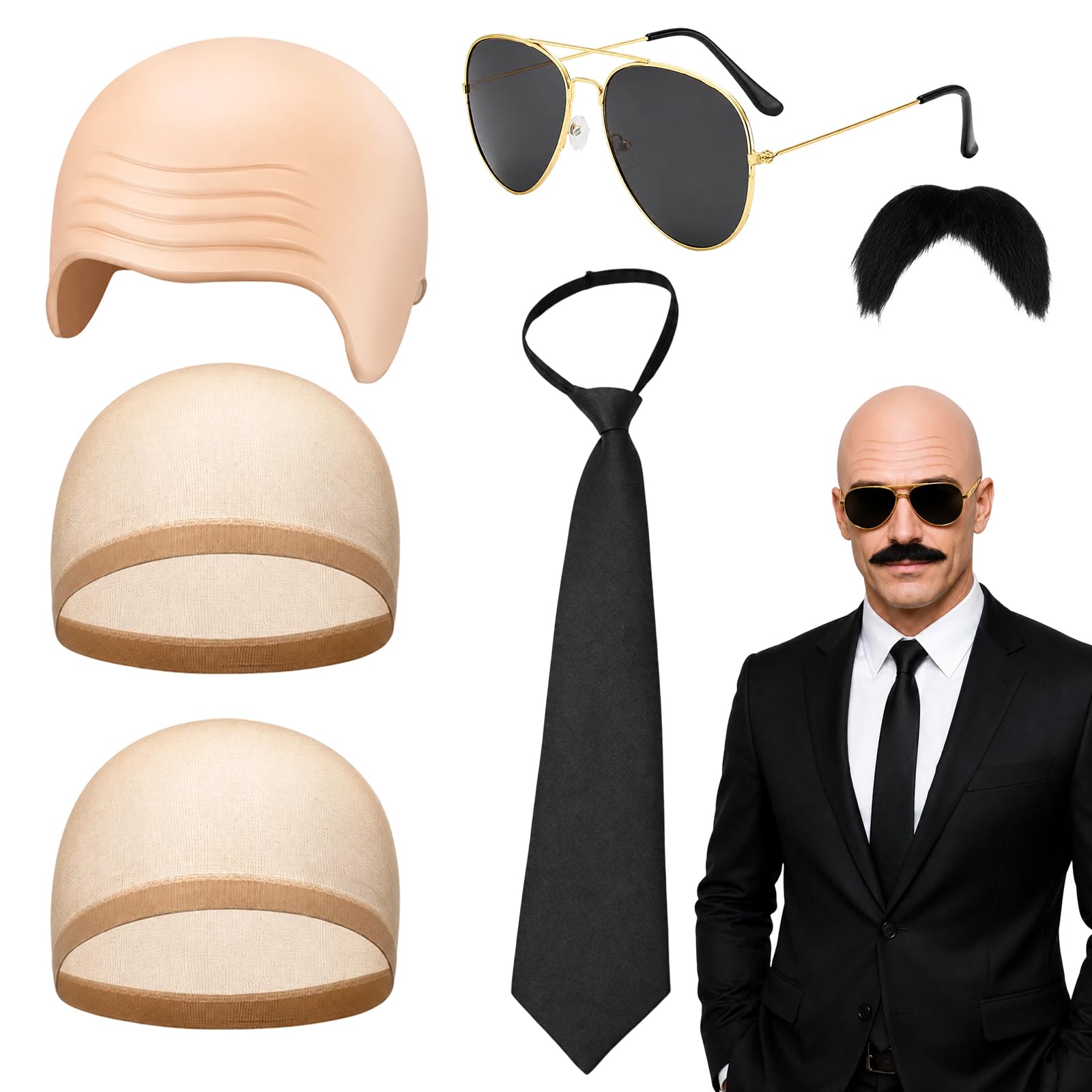 Wtoawgt Bald Cap Costume Set, Pitbull Bald Cap Fancy Dress with Hairnet, Beard, Tie, Glasses, Mr Worldwide Accessory for Music-Themed Events Costume Party Unisex Celebrity Look