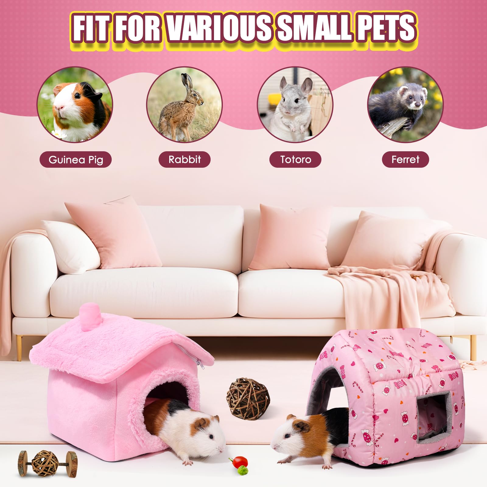ONEJU Guinea Pig House - Separable Plush Roof, Pig Bed, Hideout, Rabbit & Bunny Hut - Pure Pink, 30 x 30 x 33 cm (L x W x H) - Image 4