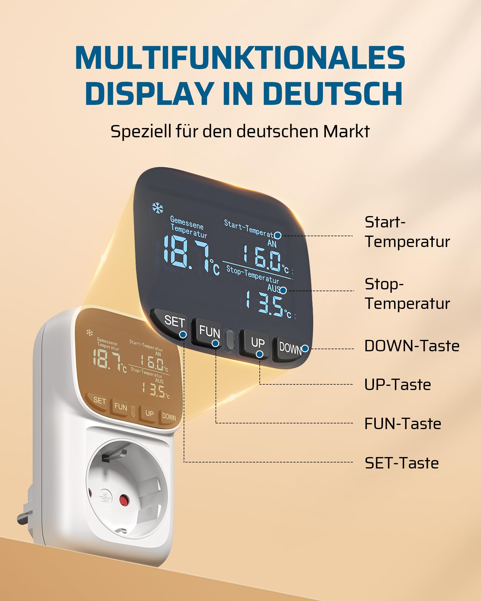 DEWENWILS Regulador de temperatura, pantalla alemana, interruptor de temperatura con sonda, 230 V, termostato digital, regulador de temperatura con modo de calefacción y refrigeración para invernadero