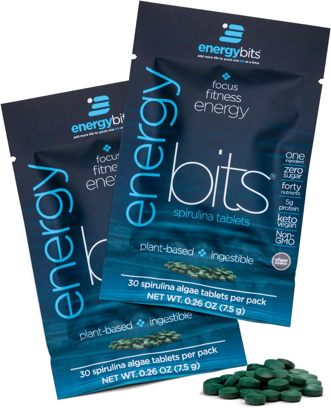 ENERGYBITS - Organic Spirulina Tablets - Plant-Based Algae Superfood - for Focus, Fitness, Energy - Plant Protein - Gluten Free - Collagen, Vitamin B12, Omega 3 - Keto & Vegan - 60 Algae Tablets