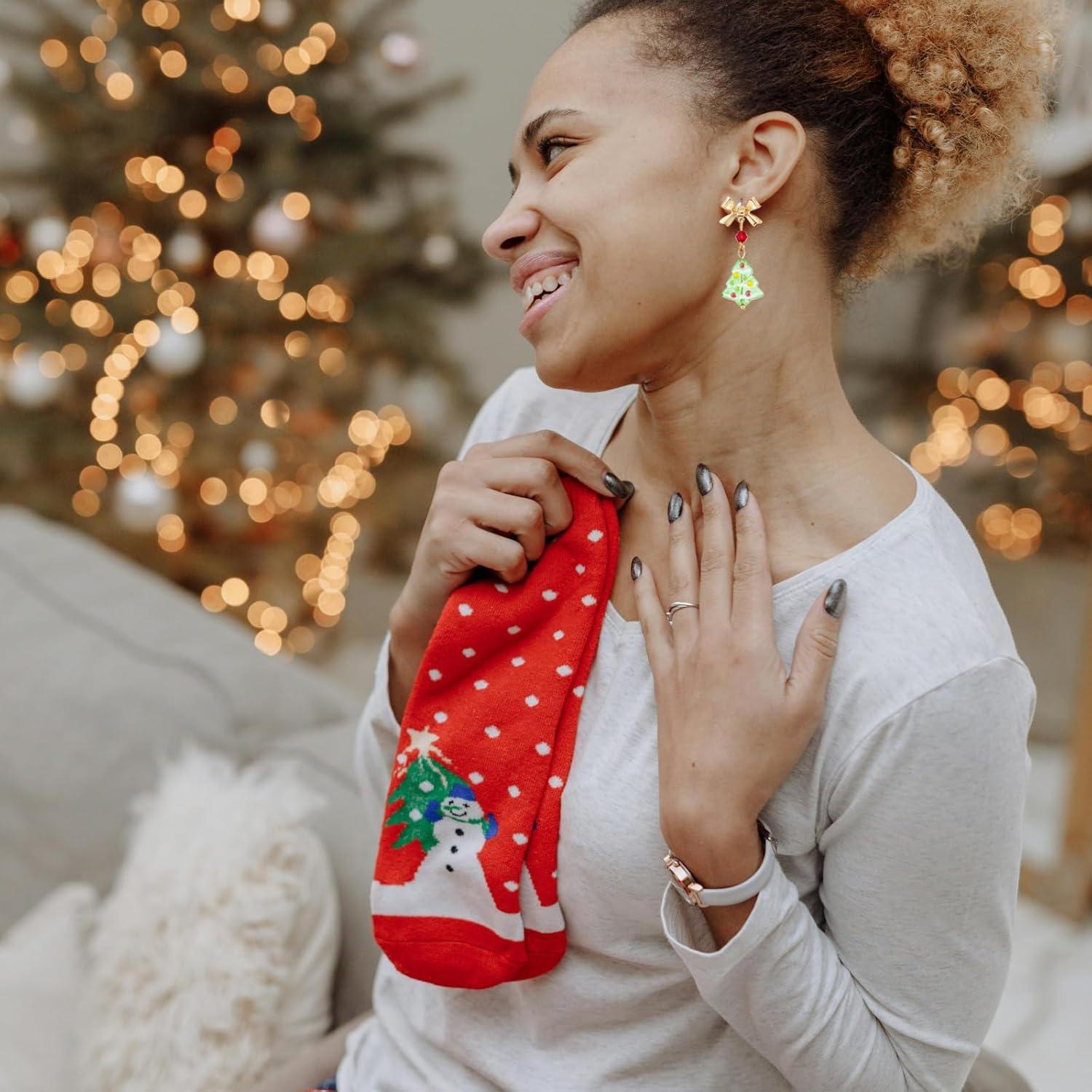 Christmas Tree Drop Dangle Earrings for Women Cute Gemstone Bow Knot Ribbon Earrings Xmas Holiday Costume Accessory New Year Party Jewelry - Image 2