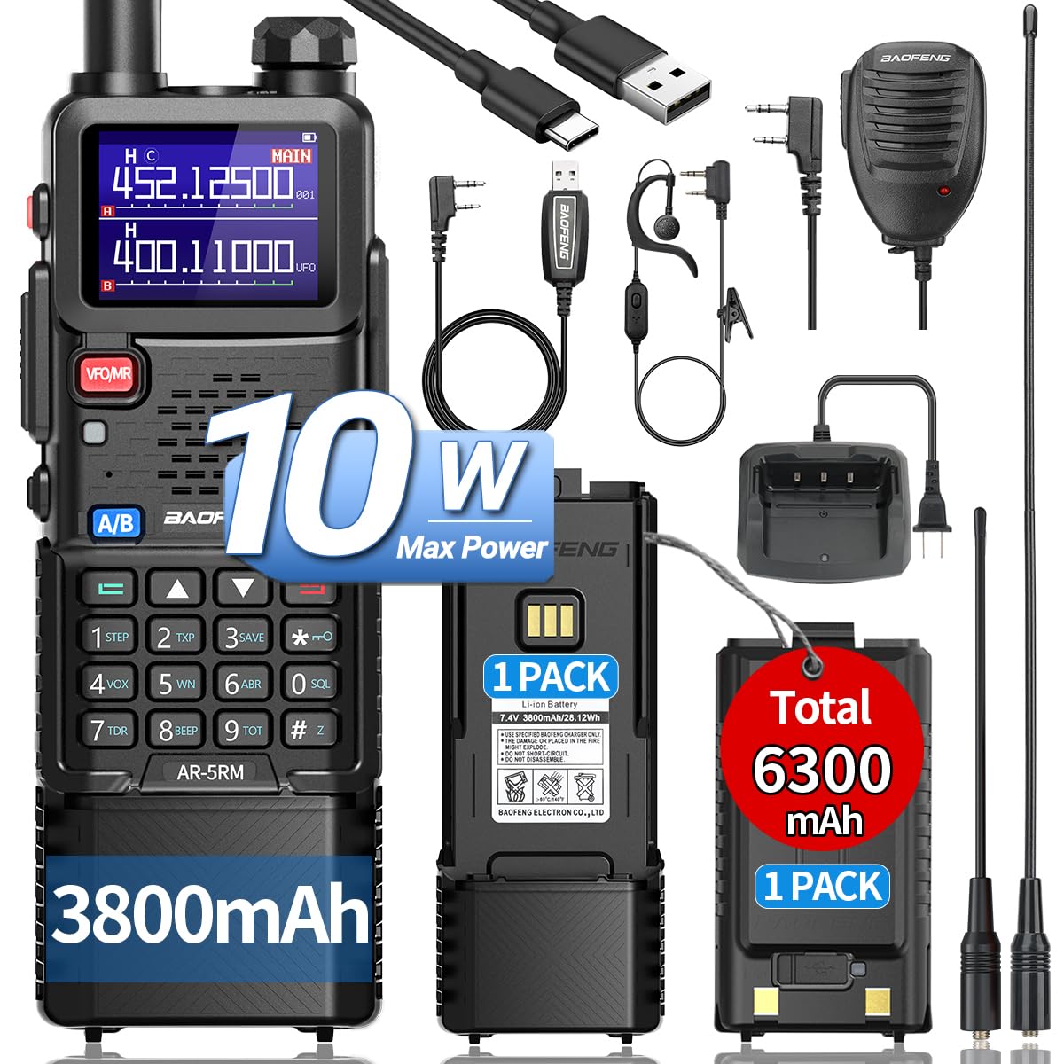 Ham Radio Baofeng Radio 5RM 10W Handheld Two Way Radio NOAA Weather Radio AR-5RM Rechargeable Long Range Walkie Talkies Survival Gear Copy Frequency 999CH with USB Charger 3800mAh Battery Speaker Mic