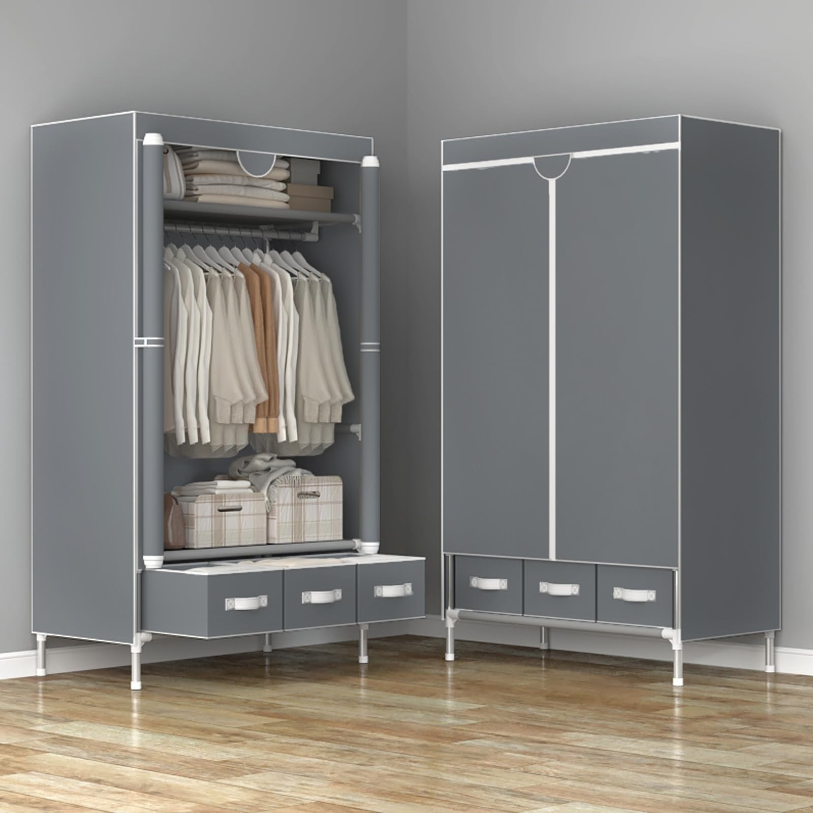 Armoire portable en toile avec 3 tiroirs Gris 90 x 45 x 170 cm