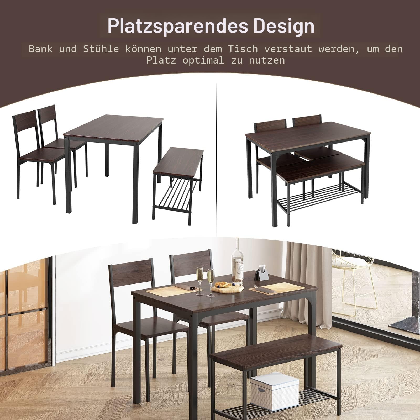 soges 4 Personen Esstisch-Set Essgruppen 110cm Küchentisch-Set für 4 Personen, 2 Stühle mit Rückenlehne, 2-Personen-Bank mit Aufbewahrungsregal, Nesting-Möbel-Set für Esszimmer, Eiche rustikal