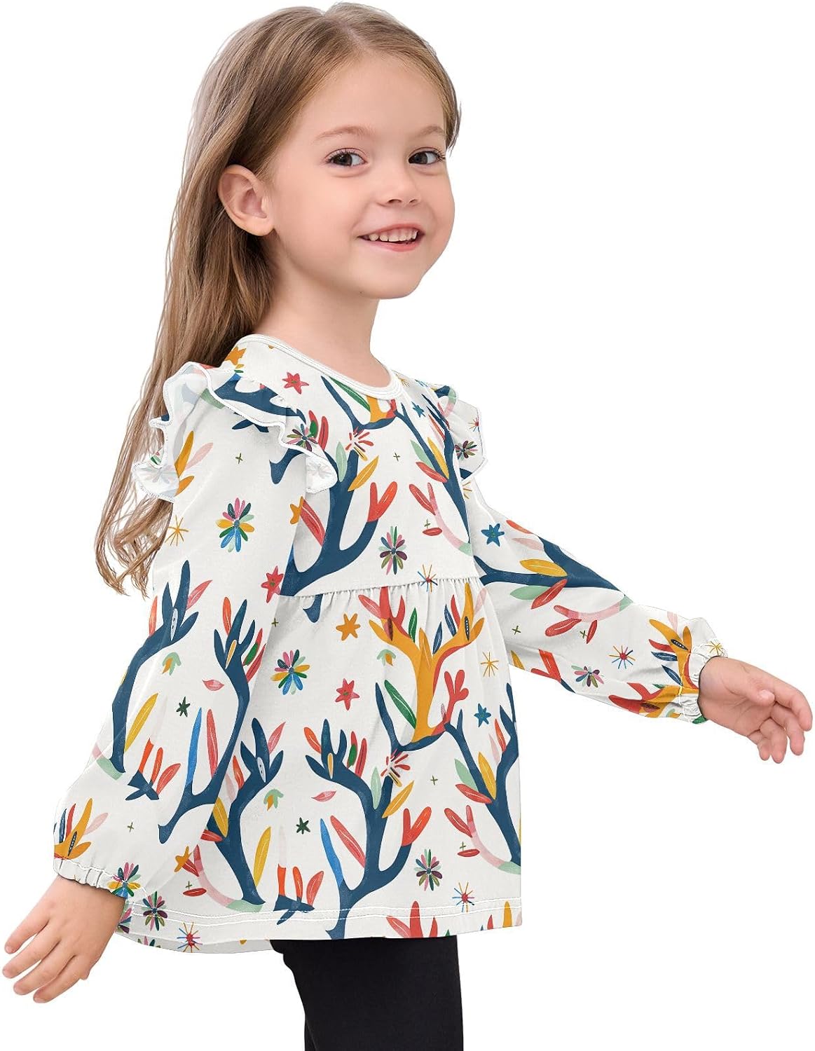 visesunny Toddler Clothes for Girls Antler Leaf Flower Long Sleeve Fall Shirts Cotton Top with Ruffle Collar