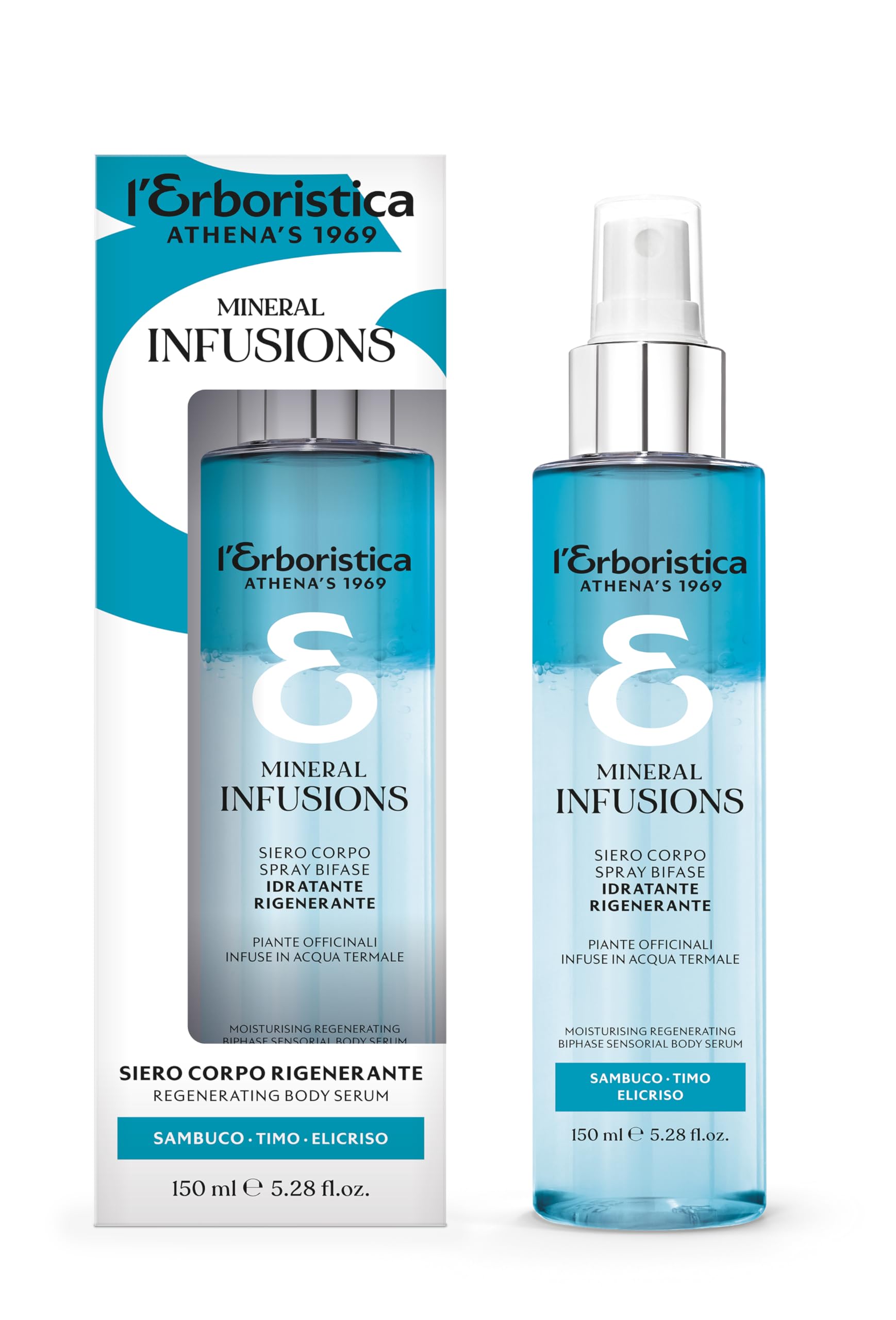 L’Erboristica Athena’S - Mineral Infusions - Skincare Siero Corpo Sensoriale Bifase - Idratante E Rigenerante - Con Piante Alpine, Sambuco, Timo Ed Elicriso - 150 Ml-image
