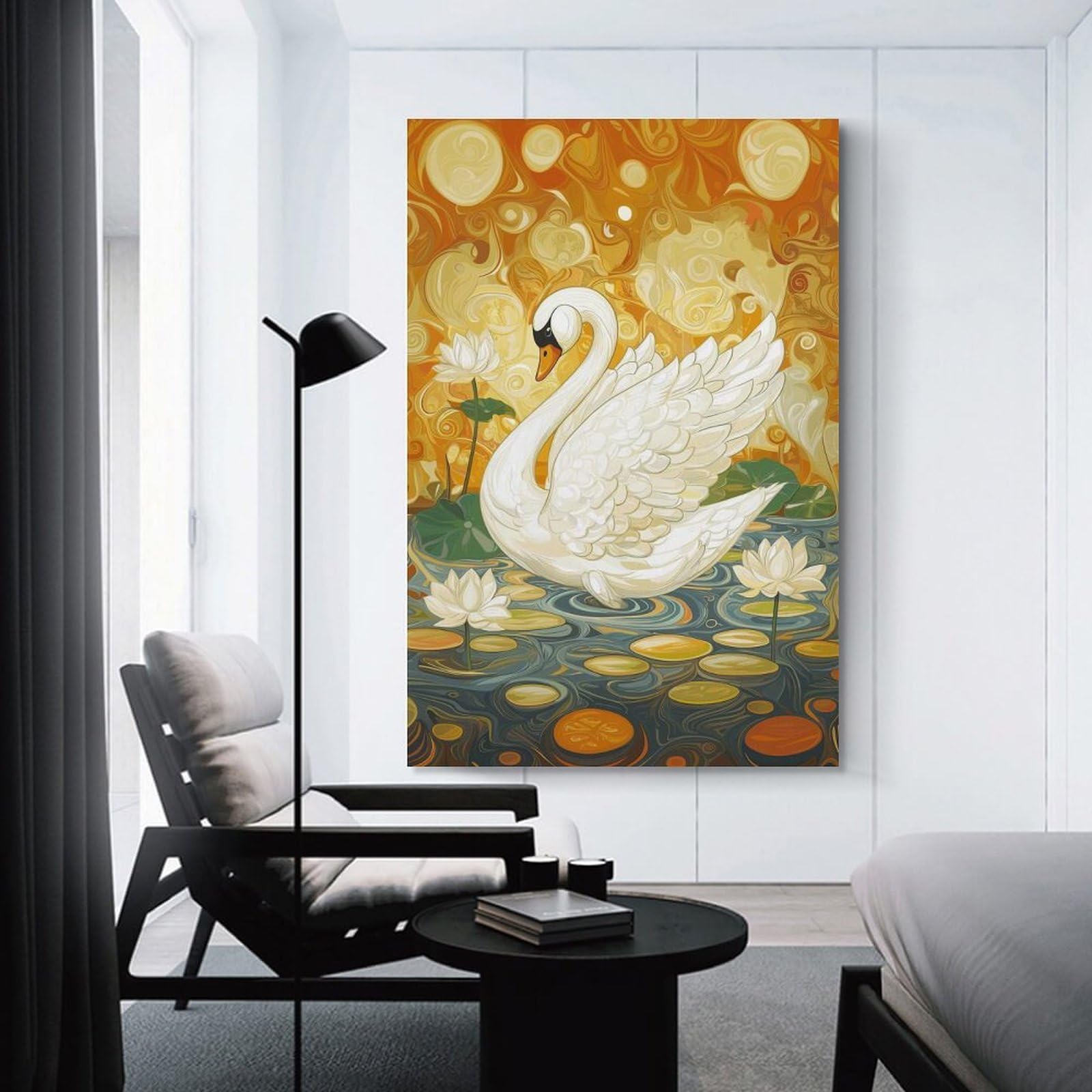 Junmoney Unframe-Style-10 White Swan With Spread Wings Decorative Wall Artwork, 24X36inch(60X90cm), For Living Spaces, Bedrooms Or Relaxed Rooms, Modern Wall Decor For Cosy Interiors