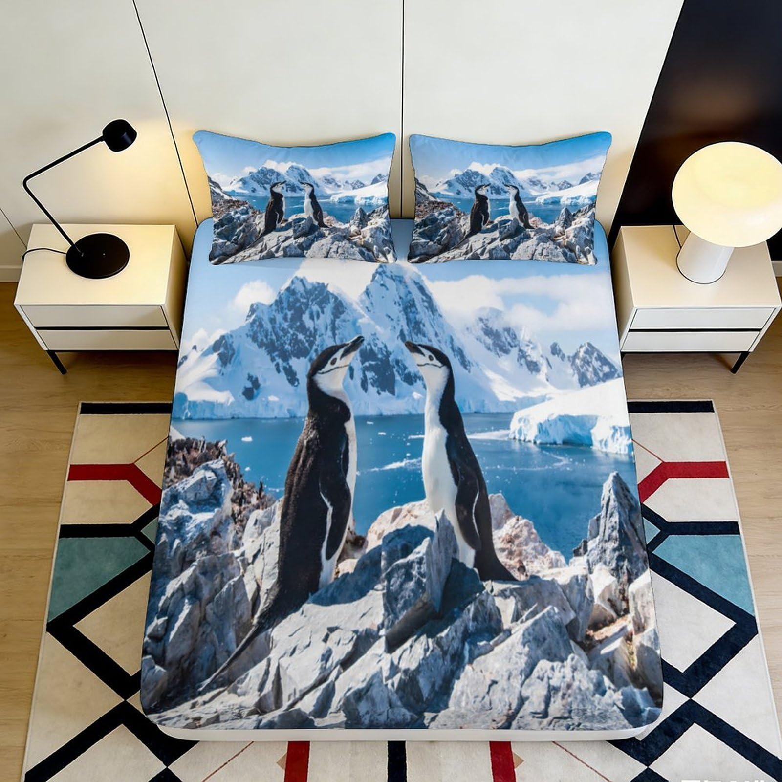 3D Printed Penguin Mountain Fitted Sheet Microfiber Soft Anti-Slip Arctic Landscape Mattress Cover for Bedroom Decor 90x200x25cm