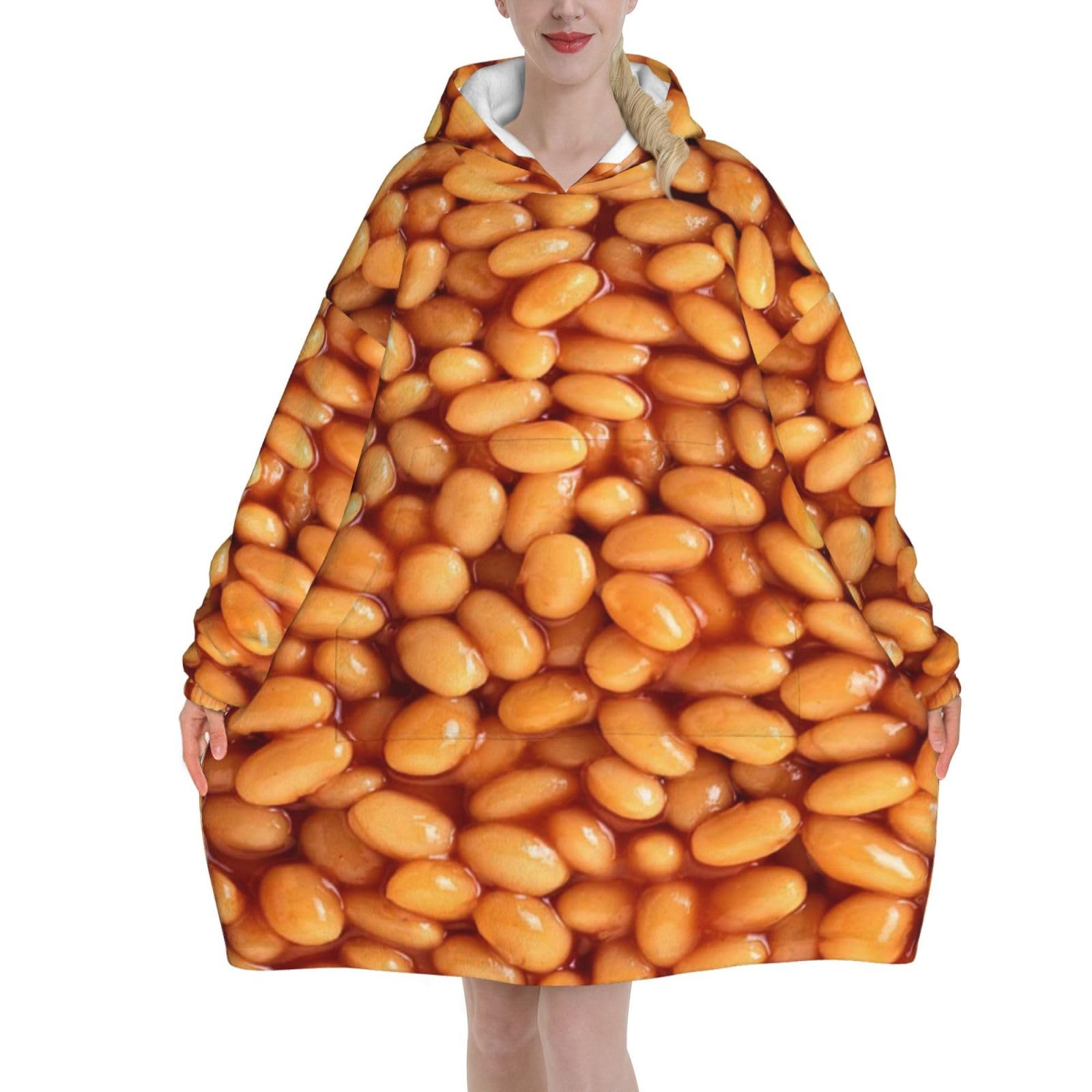 Yxdvpalne Unisex As Picture Baked Beans Oversized Women's Wearable Blanket Hoodie, Flannel Pullover Blanket, Blanket Sweatshirt