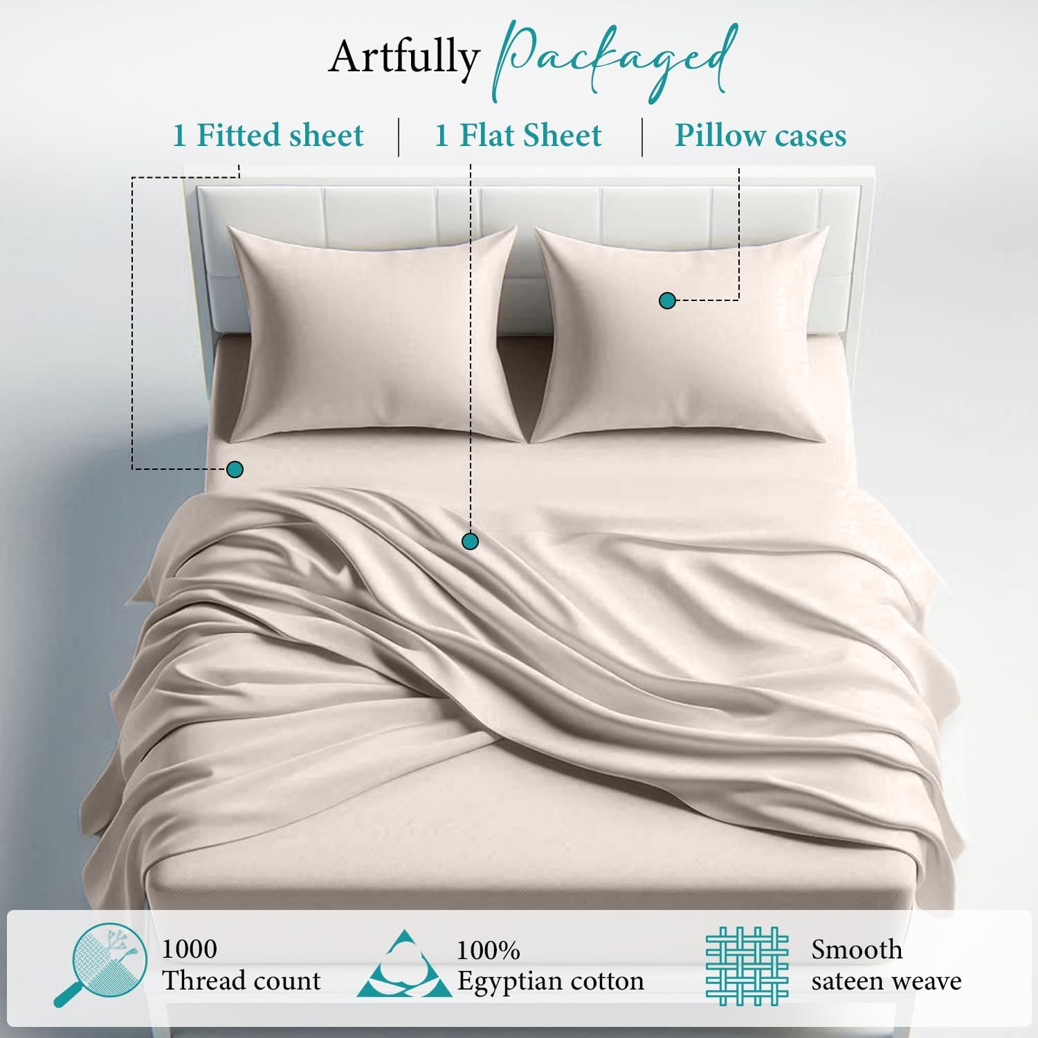 Twin Size Sheet Set Ivory 1000 Thread Count Egyptian Cotton Bed Sheets 4 Piece Sateen Weave Bedding 18 inch Extra Deep Pocket Fitted Sheet, Soft Cooling bedsheet with 2 Pillowcases