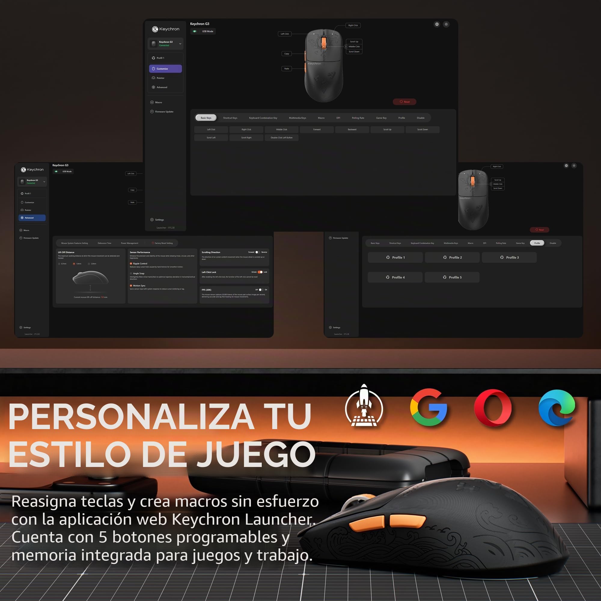 Keychron G3 8K Ratón Gaming de Fibra de Carbono, 44g Ultraligero, 2.4 GHz/BT 5.3/USB-C, PixArt 3950, 8000 Hz Polling Rate, 30 000 dpi, 5 Botones Programables, Ratón Inalámbrico para Esports y FPS