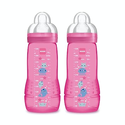 MAM Biberon Deuxième Age Coloré 330 ml à Partir de 6 Mois Tétine Débit X Lot de 2 - Couleur Aléatoire