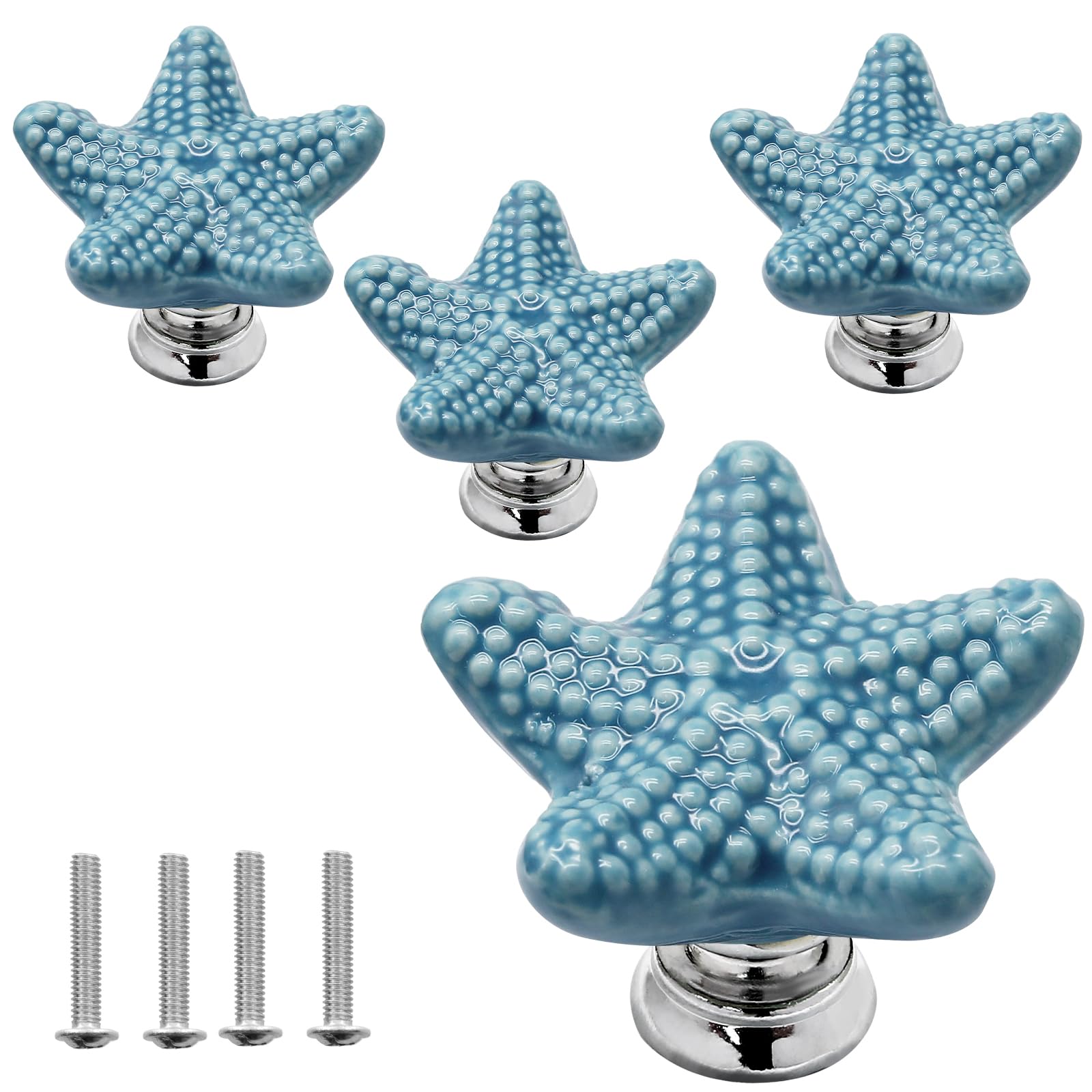 Luomorgo 4 Pack Ceramic Starfish Drawer Knobs - Coastal Blue