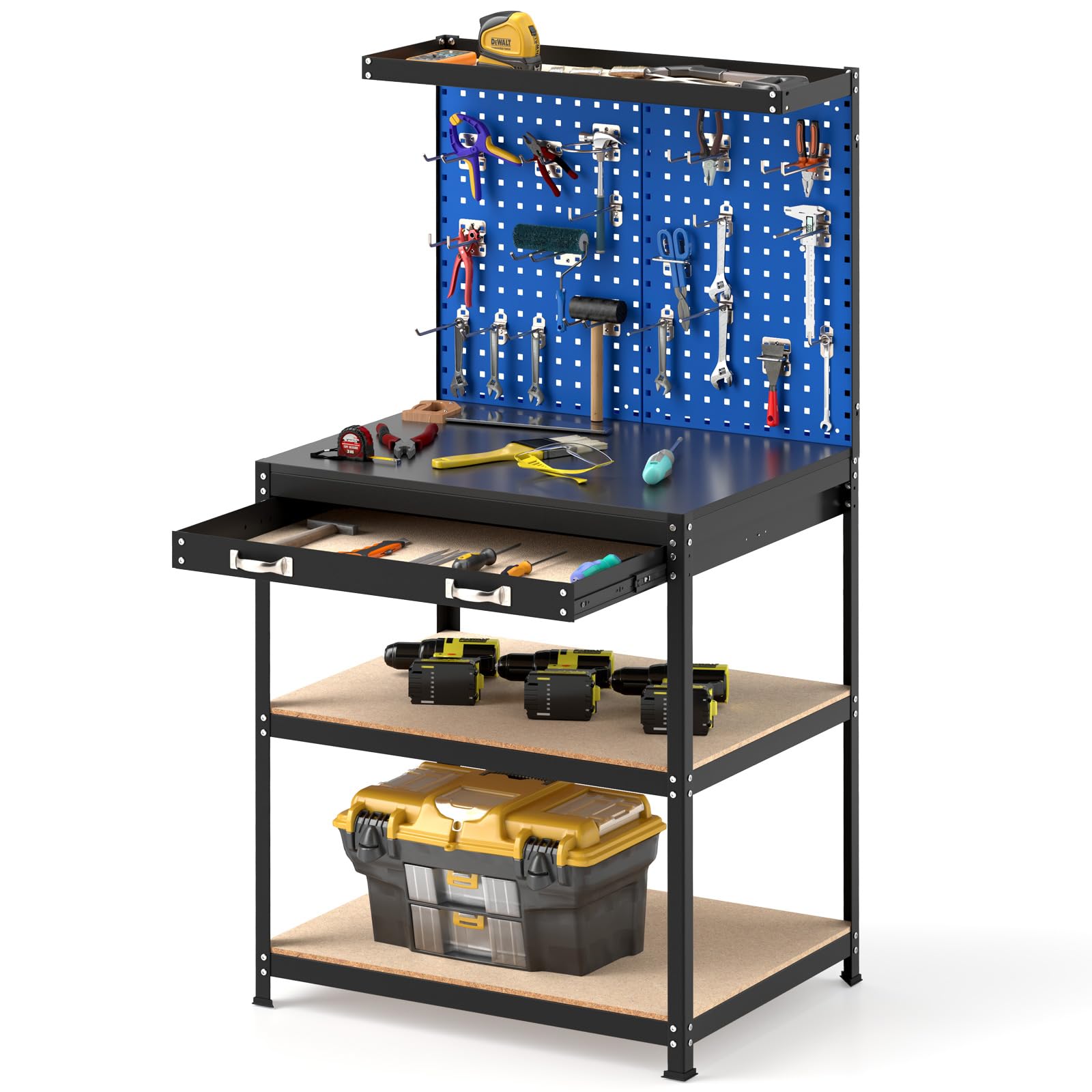 GYMAX Banco de Trabajo con Panel Perforado, Banco de Trabajo Metálico con 2 Cajones, 3 Estantes, 20 Ganchos, Capacidad de Carga de 225 KG, Mesa de Trabajo con Organizador de Herramientas (Azul)
