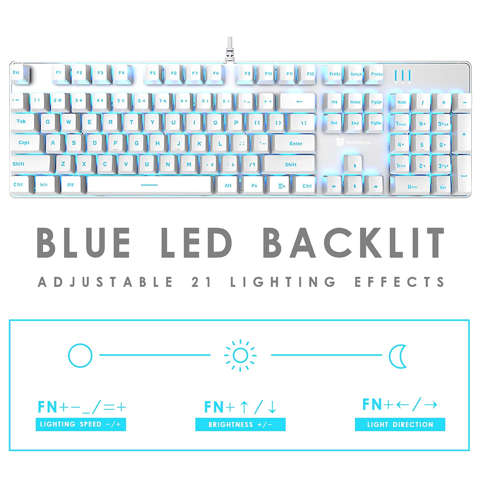 Basaltech White Mechanical Light Up Keyboard with Blue LED Backlit, 104