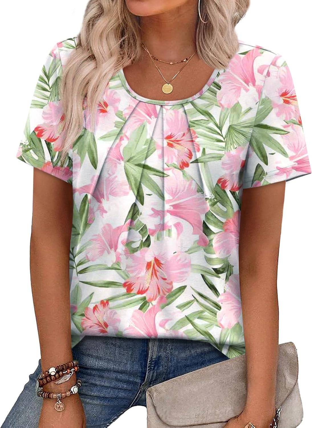 WIHOLL Women T Shirts Pleated Short Sleeve Tops Business Casual Dressy Blouses thumbnail