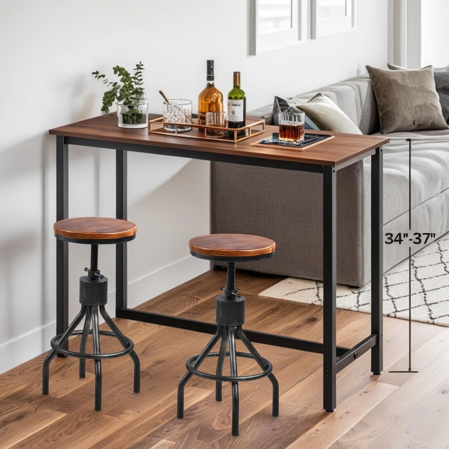 Set of 2 Industrial Bar Stool-Vintage Counter Dining Chair-Swivel Stools-Tall Height Adjustable 22-33"