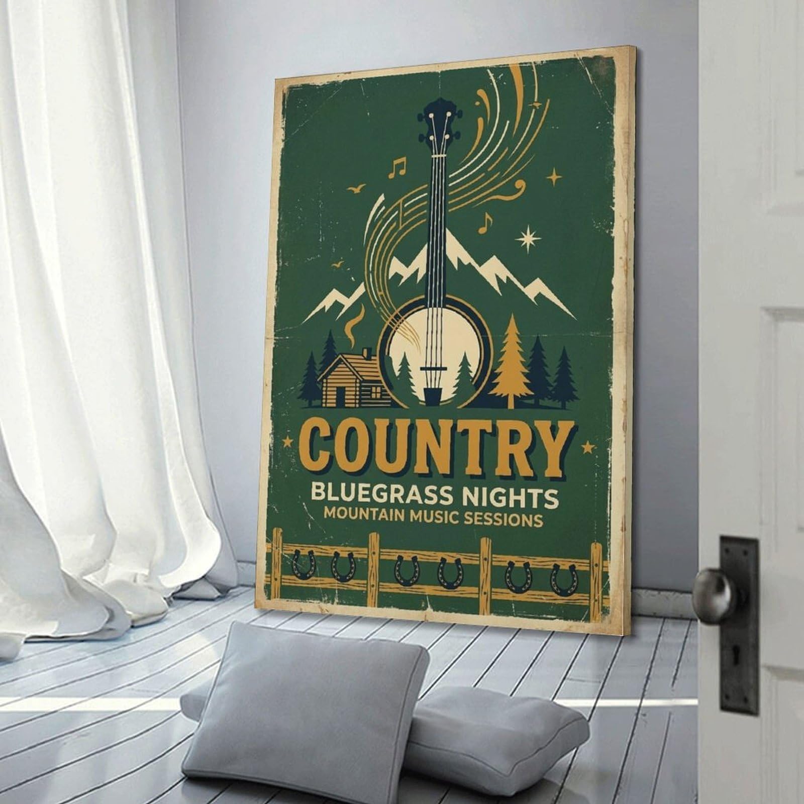 XKUGA Poster con stampa su tela, stile retrò con capanna di tronchi bluegrass, musica country, moderna, decorativa, decorazione artistica da parete per famiglia, grotta degli uomini, sala giochi