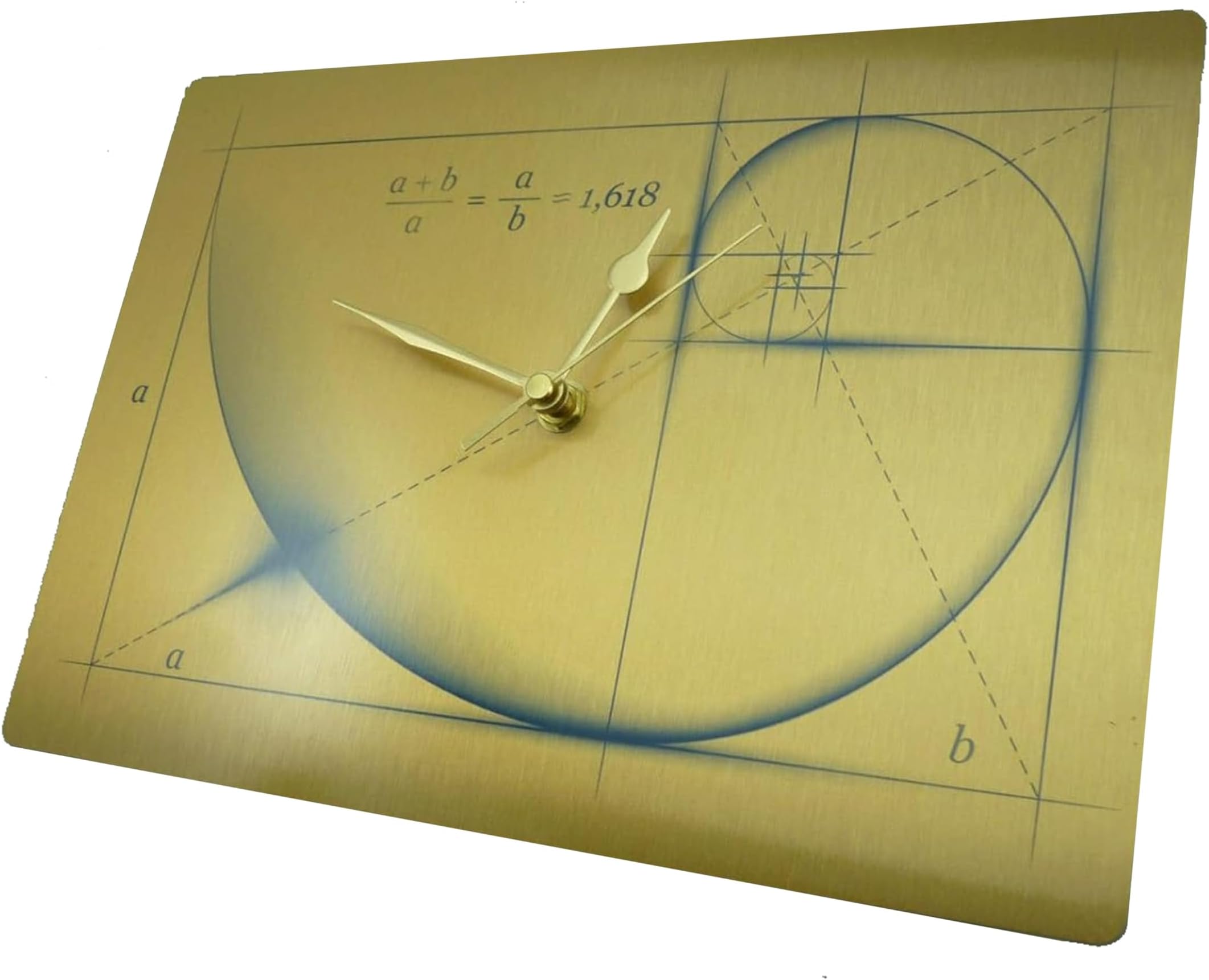 Fibonacci Golden Ratio wall clock, brushed gold metal print with non-tick swoosh mechanism.