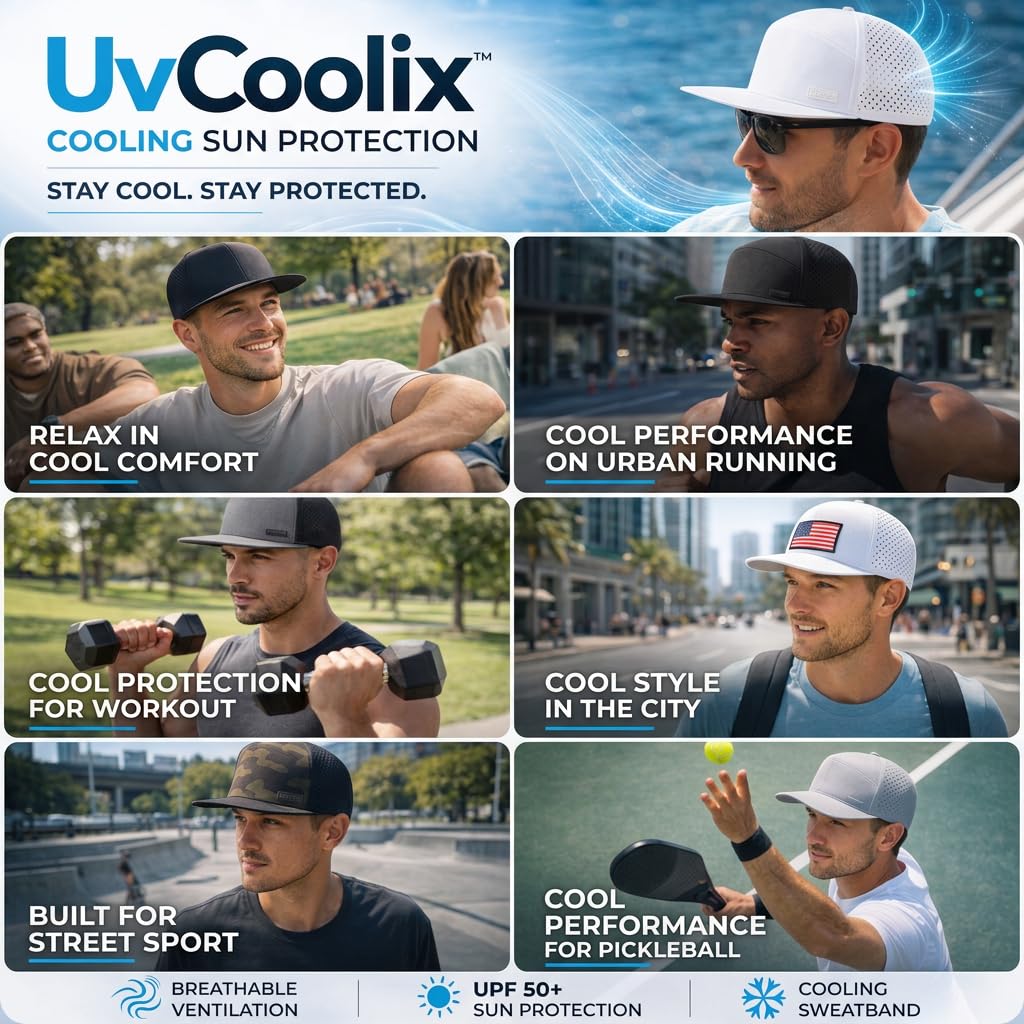 TOP-EX UVCoolix™ - Cappello da baseball con fascia per il sudore a tesa piatta, traspirante, impermeabile, protezione solare, da golf, regolabile, per uomo e donna