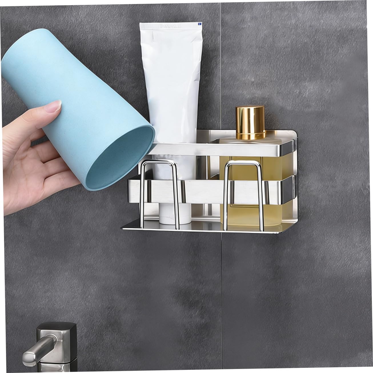1PC Stainless Steel Toothbrush Holder for Wall Mounted No Punch Design Elegant Bathroom Organizer for Toothbrush and Toothpaste Storage Space Saving Silver Rack