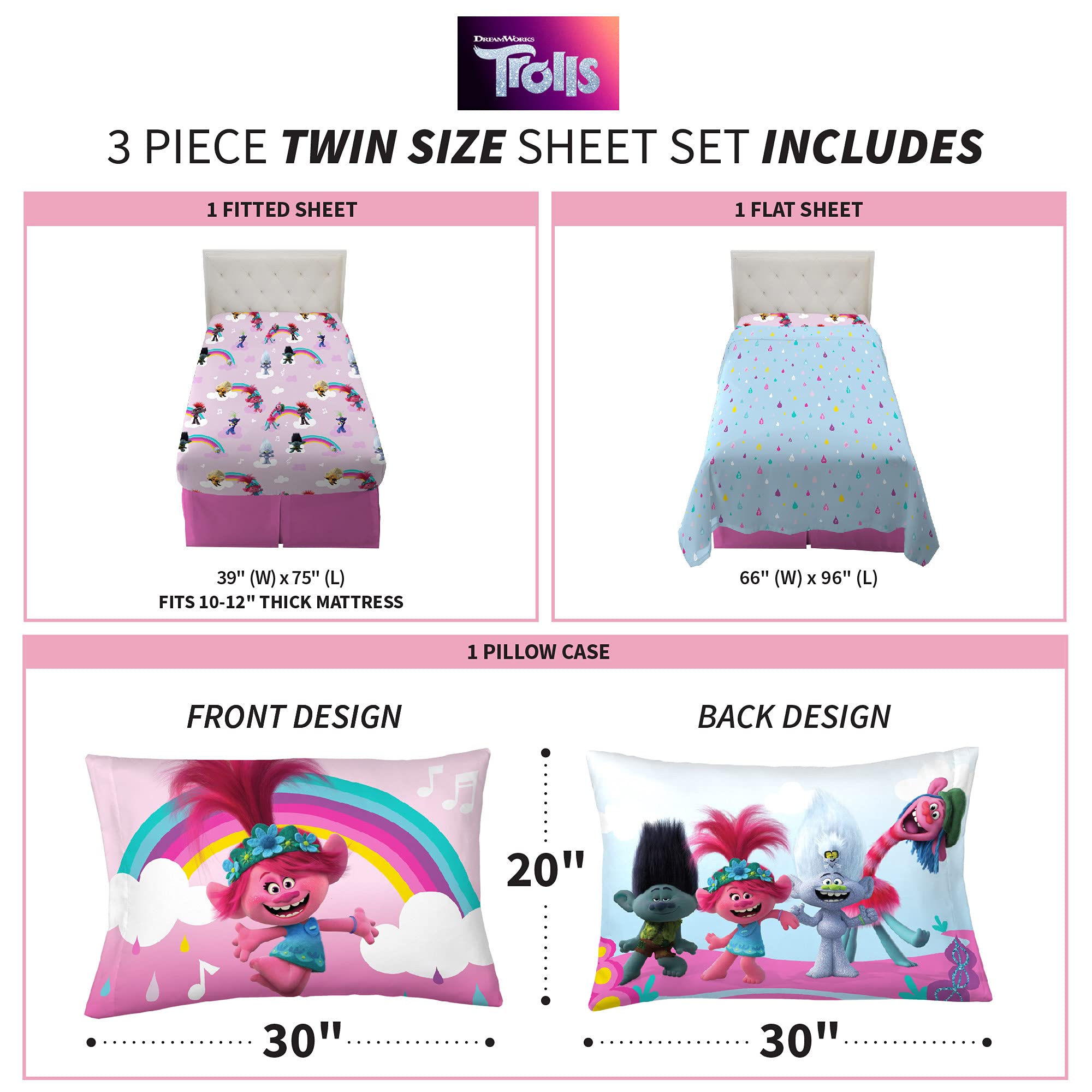Franco Kids Bedding Super Soft Bettlaken-Set, Mikrofaser, Trolls World Tour, Twin