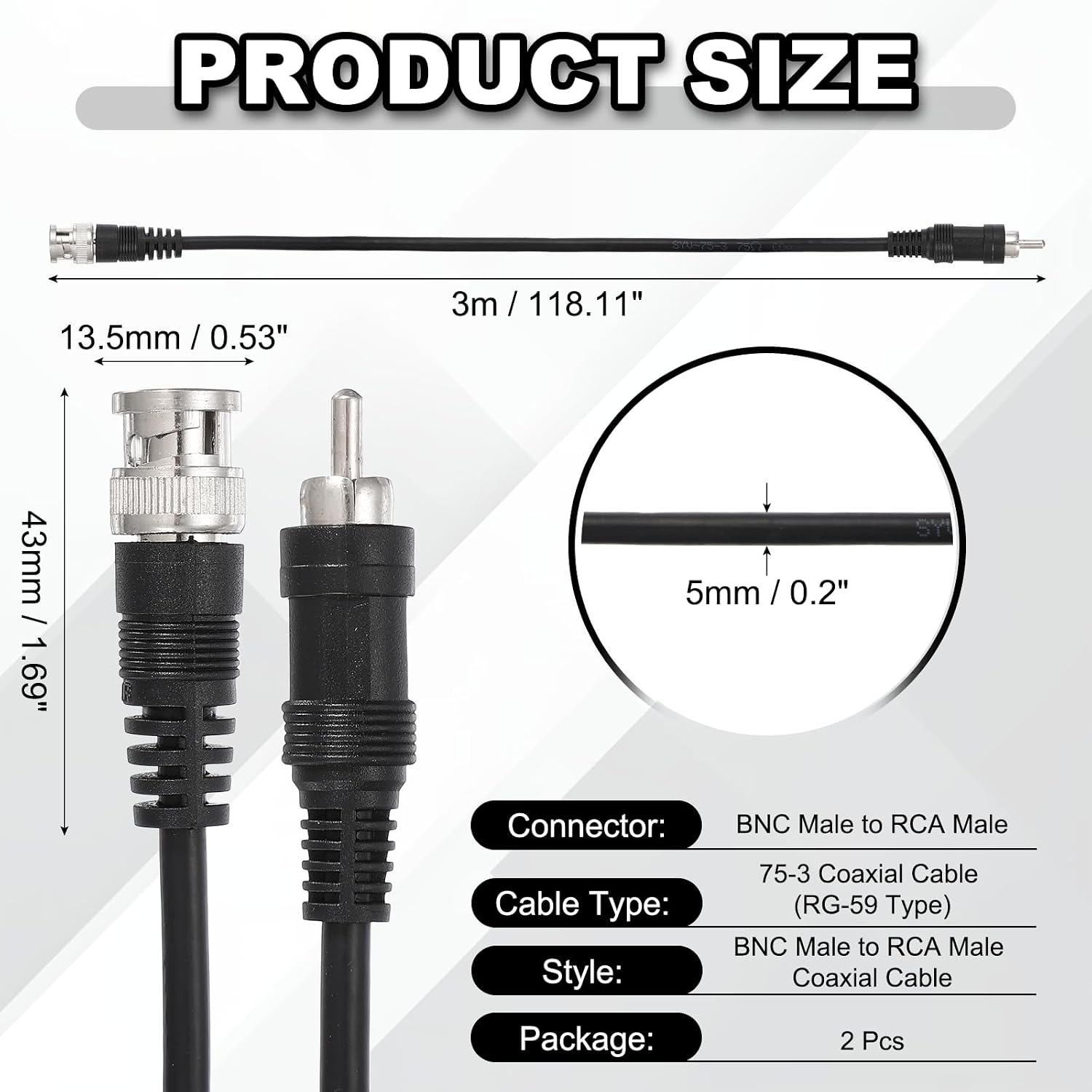 MECCANIXITY BNC Male to RCA Male Coaxial Cable 10FT 75-Ohm Camera Cable Cord for DVR CCTV Camera Security System Monitor Video(Black 2pcs)
