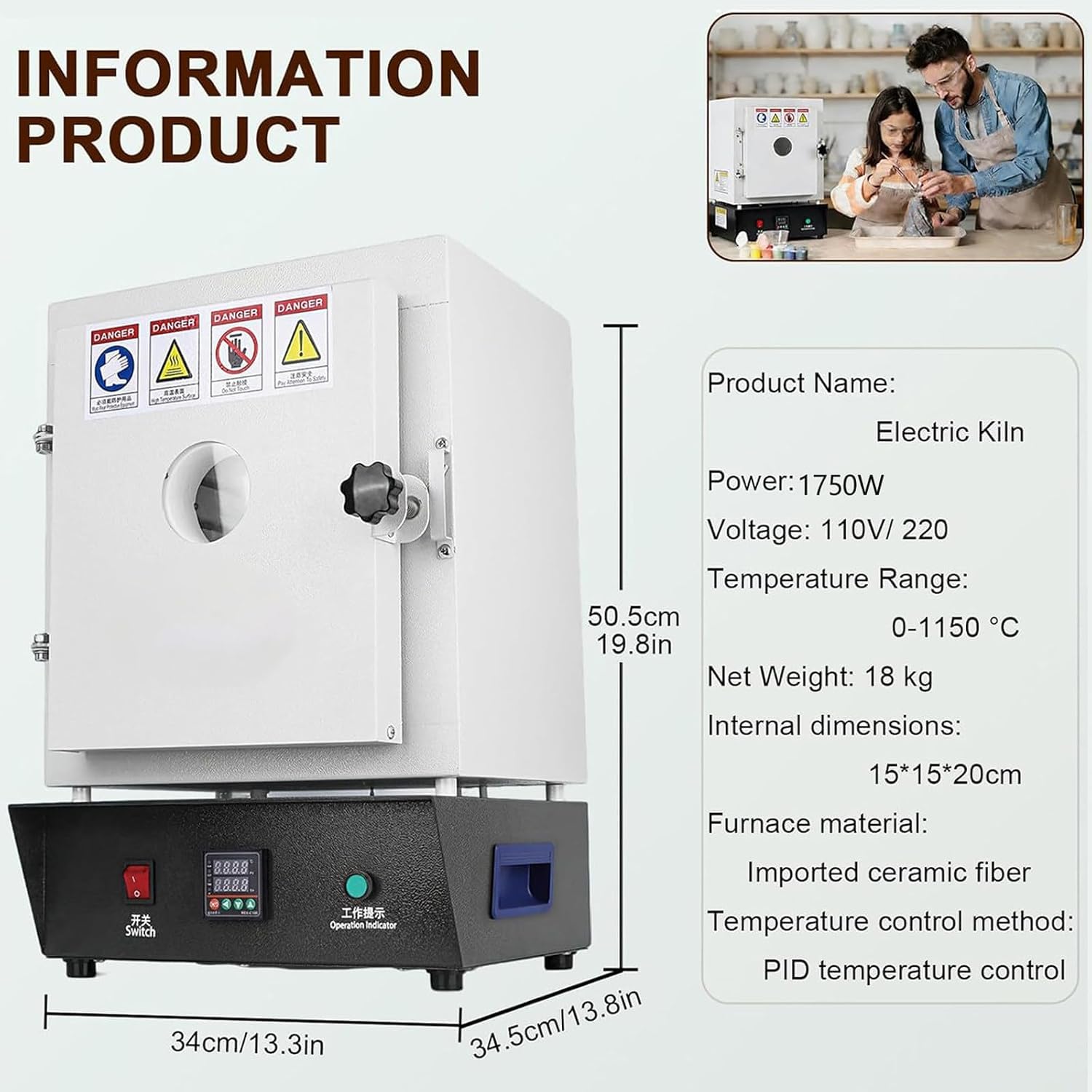 Horno de mufla cerámico eléctrico de 1500 W con controlador PID