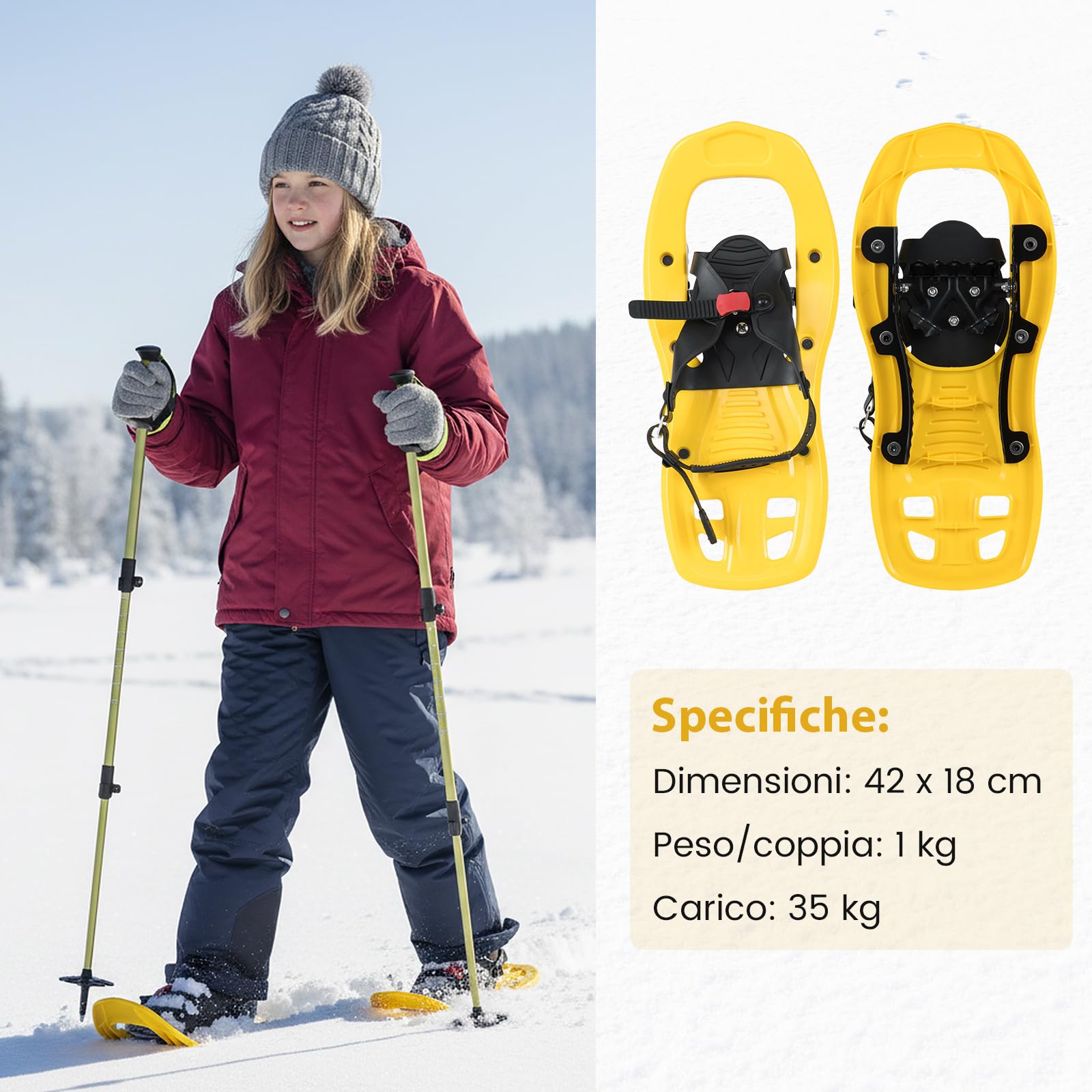 COSTWAY Racchette da Neve per Bambini 28-37, Bastoncini da Trekking Telescopici 51,5-100 cm con Punte in Tungsteno, Dischi Neve e Dischi Fango, Ciaspole da Neve con Legatura a Cricchetto e Borsa