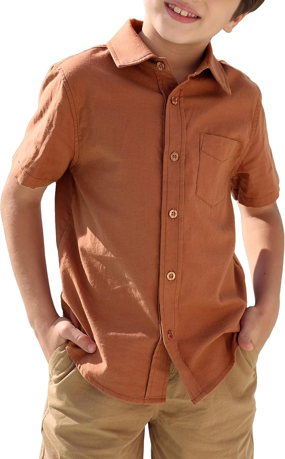 Boys' Long Sleeve Dress Shirts Classic Collared Button-Down Tshirt Solid Cotton Top with Chest Pocket