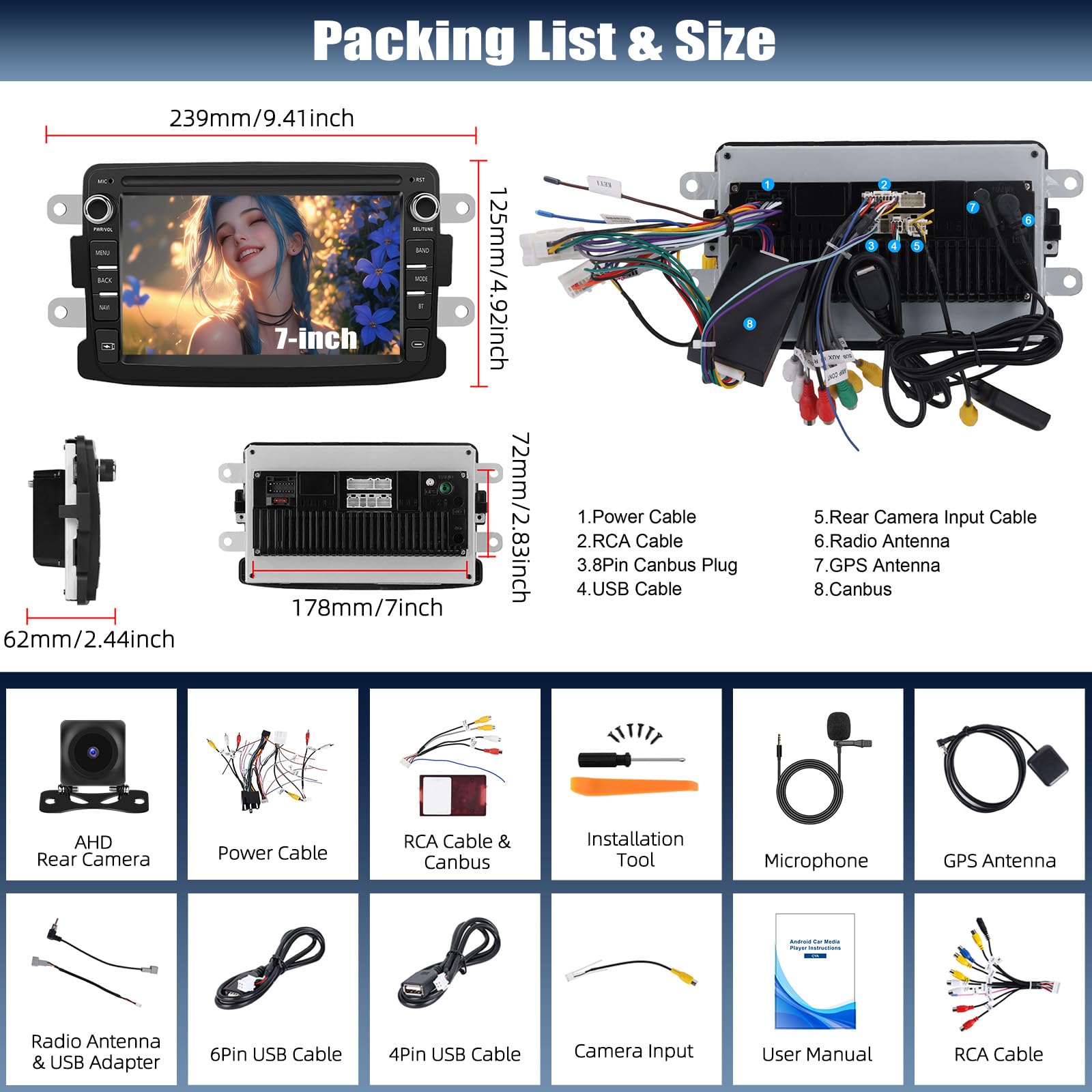 4G+64GB Android 15 CAMECHO Autoradio für Renault Dacia Logon/Duster/Logon/Duster mit Navi Carplay Android Auto Wireless, Double Din mit 7-Zoll Bildschirm mit RDS/FM MirrorLink Bluetooth DSP
