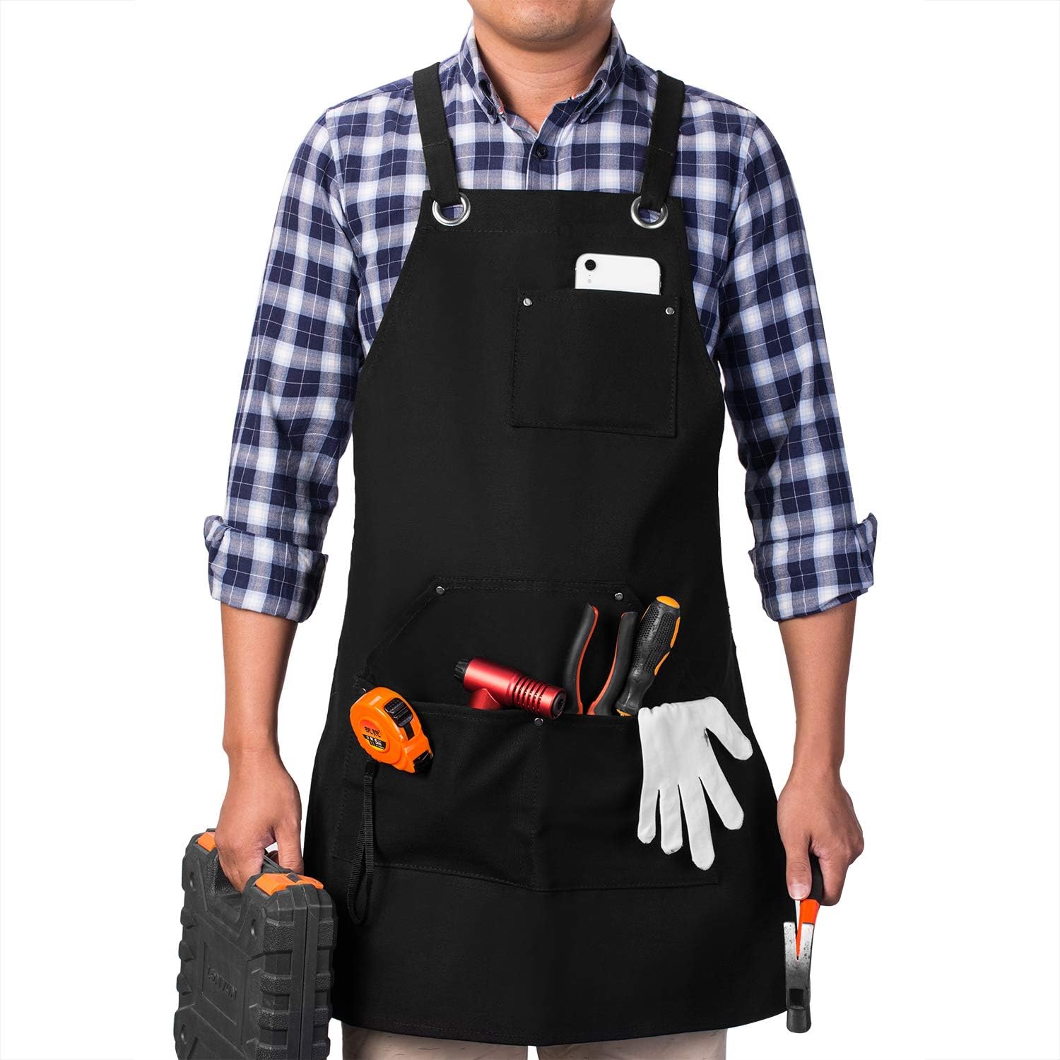 Syntus Heavy Duty Waxed Canvas Work Apron with Tool Pockets, Black Garden Water Resistant Aprons with Adjustable Cross-Back Straps for Kitchen BBQ Grill Woodworking