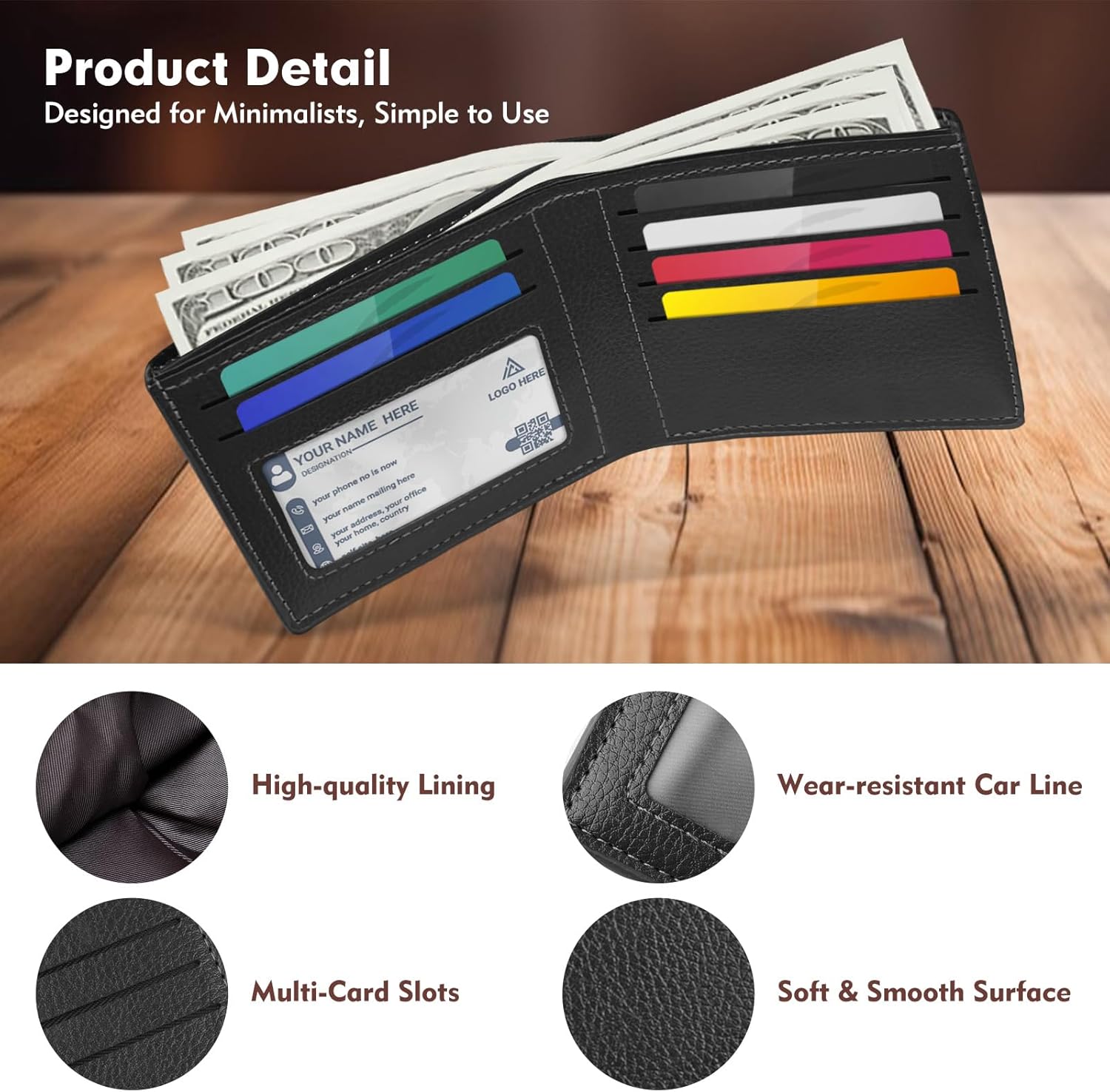 Slim Genuine Leather Wallet for Men Bifold Design with ID Clear Window and 6 Credit Card Slots Minimalist Handmade Card Holder (Black) - Image 5