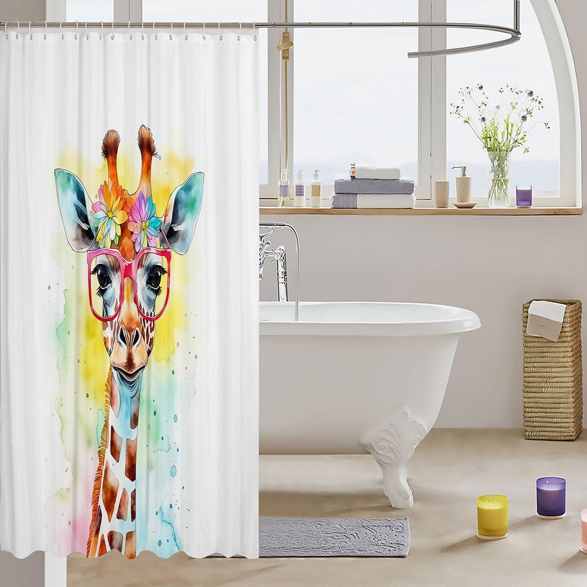 Manfei Watercolor Giraffe Kids Shower Curtains,Cartoon Animals Toddler Bathroom Curtains for Girls Boys Adults,Rainbow Tie-dye Boho Colorful Cute Waterproof Curtains,12 Hooks Suits,72" W x 78" L