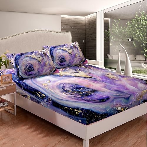 Feelyou Queen Size Purple Gold Marble Printed Bed Sheets Modern Marble Pattern B