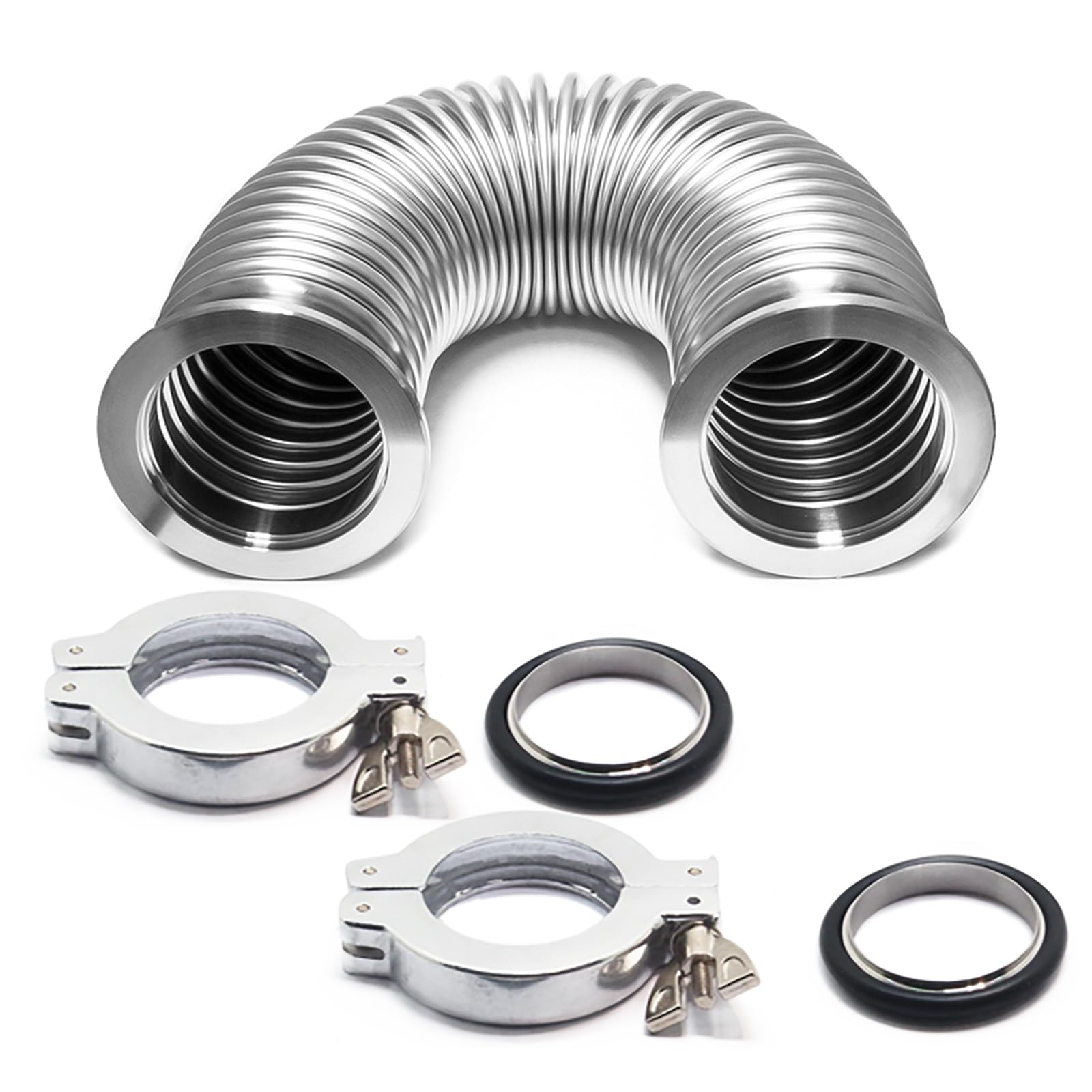 SS304 KF40 - Juego de manguera de fuelle corrugado al vacío con 2 abrazaderas de aluminio, 2 anillos de centrado, 2 juntas tóricas FKM (750 mm)