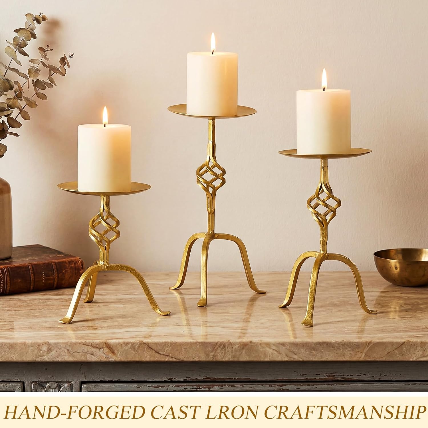 Set of 3 Gold Candlestick Holder for Wedding Metal Vintage Candle Holder 9.8, 8, 6.3 Inch Tall Decorative Wrought Iron Pillar Candle Sconce Wedding Dinning Party Anniversary Decor (Retro)
