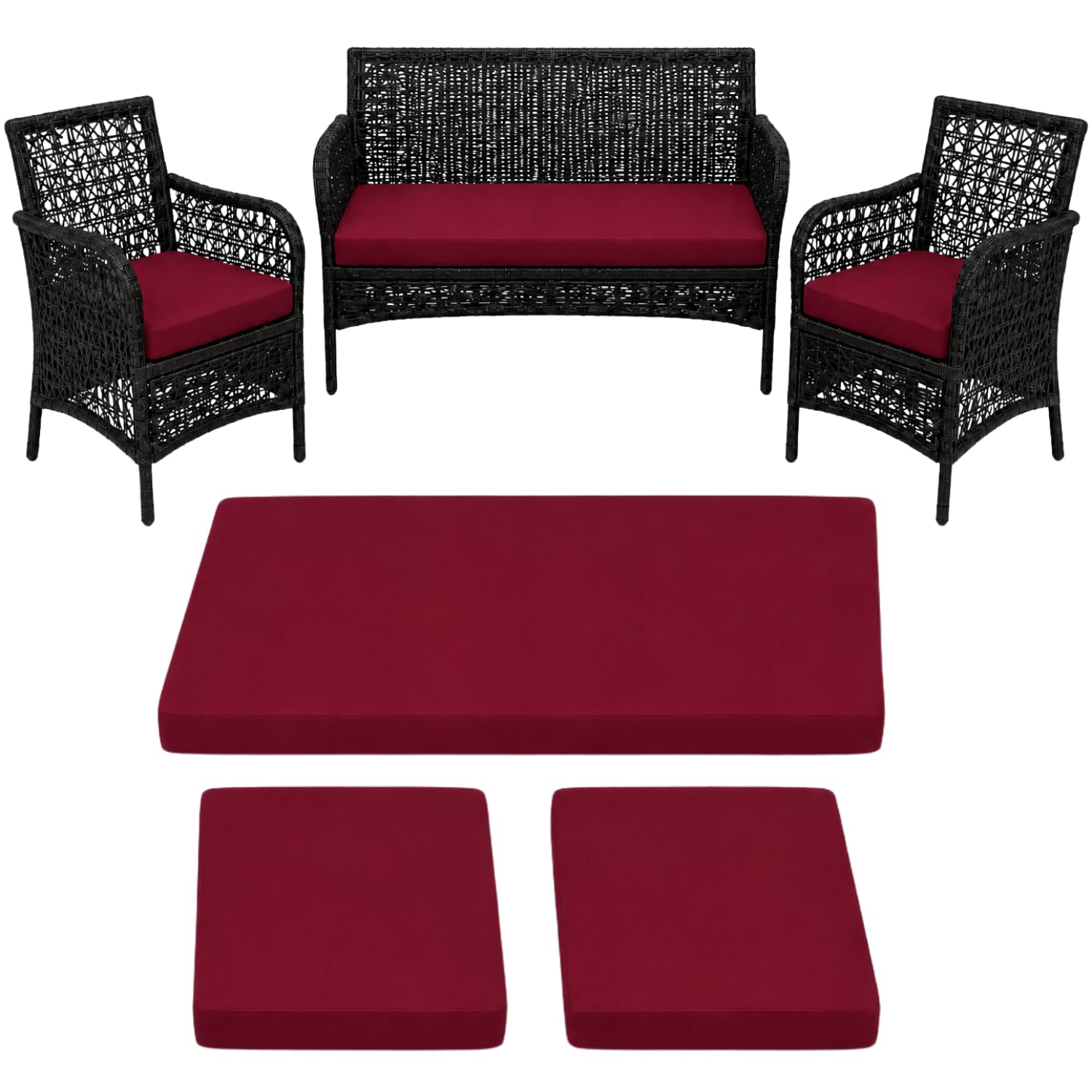 3 Piece Rattan Furniture Replacement Cushion Set, 5 cm Thick High Density Foam Garden Seat Pads, Water-Resistant Outdoor Cushions for 2 Chairs & Sofa, Patio, Balcony and Conservatory - Burgundy