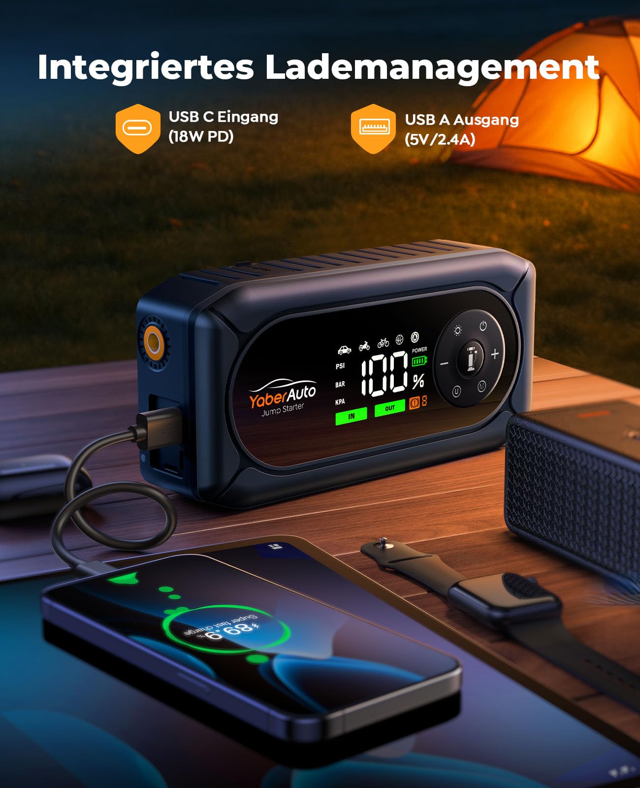 6000A Starthilfe Powerbank für Pkw mit Kompressor 150PSI, Auto Starthilfe Powerbank für Alle Benzin und 10.0L Diesel, Starthilfe mit 500 Lumen 4 Modi LED Licht und 3.3'' LCD Display, YaberAuto AP02