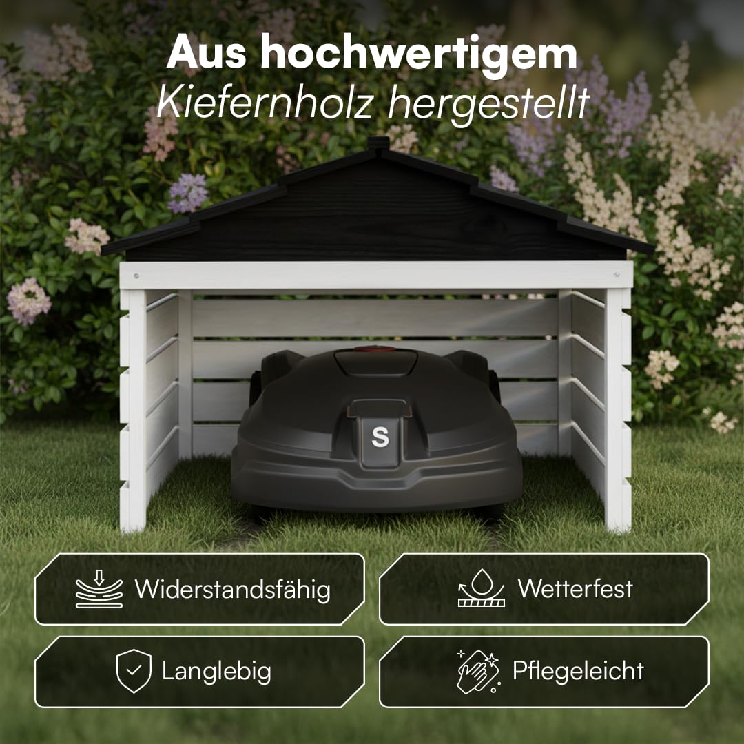 STEELSØN Nembus Mähroboter Garage Weiß – Rasenroboter Garage Holz – Rasenmäher Haus mit abnehmbarem Dach – für gängige Rasenmähroboter – Rasenmäher Unterstand mit UV-Schutz – Überdachung Mähroboter
