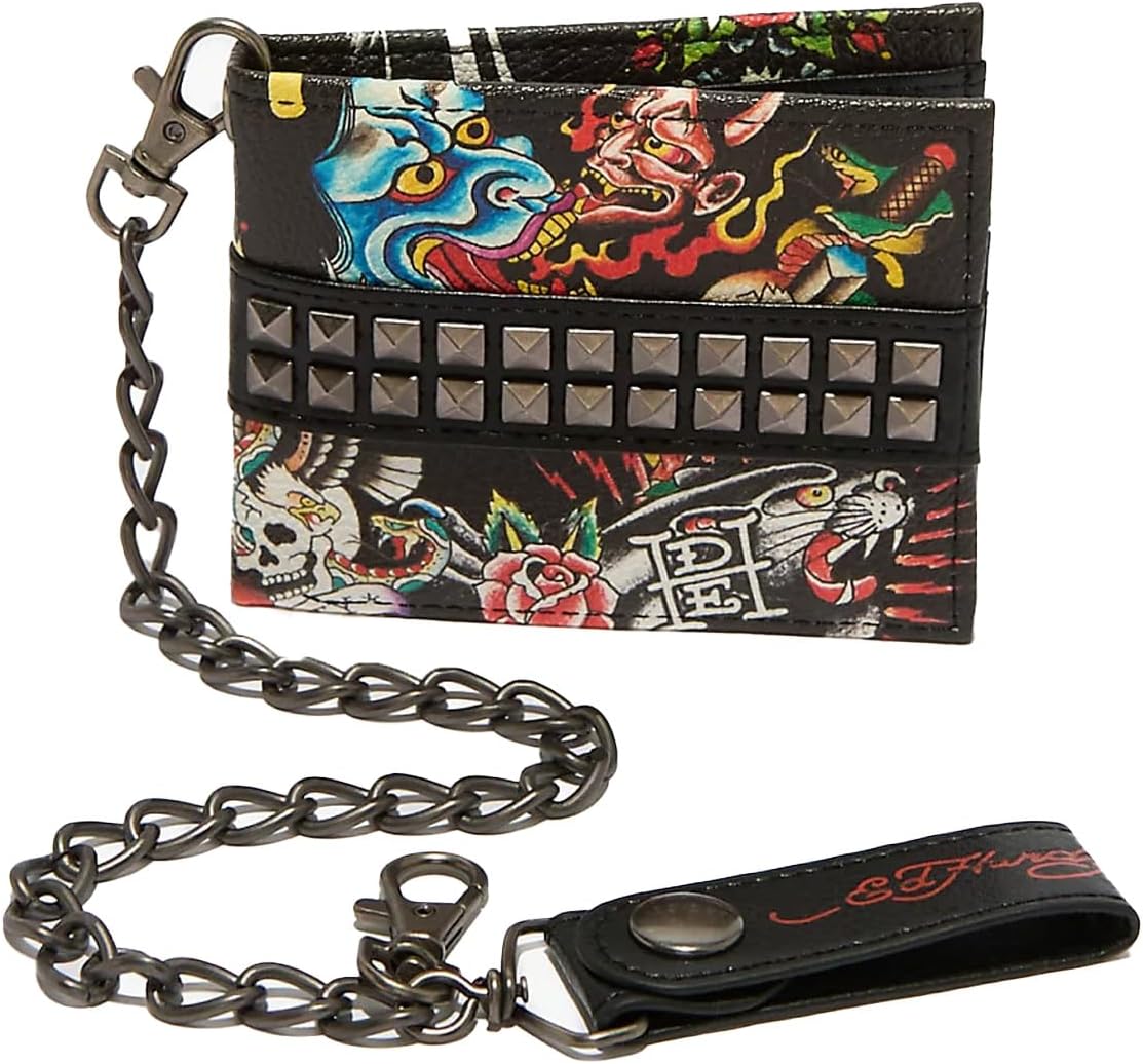 ED HARDY Dragon & Skull Print Logo Pyramid Studs with Biker Chain Strap Bifold Wallet