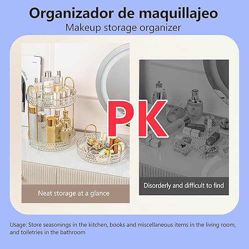 Miniatura 5 de Organizador de maquillaje giratorio de 2 niveles con soporte para pinceles, estante de almacenamiento de gran capacidad para tocador, baño,